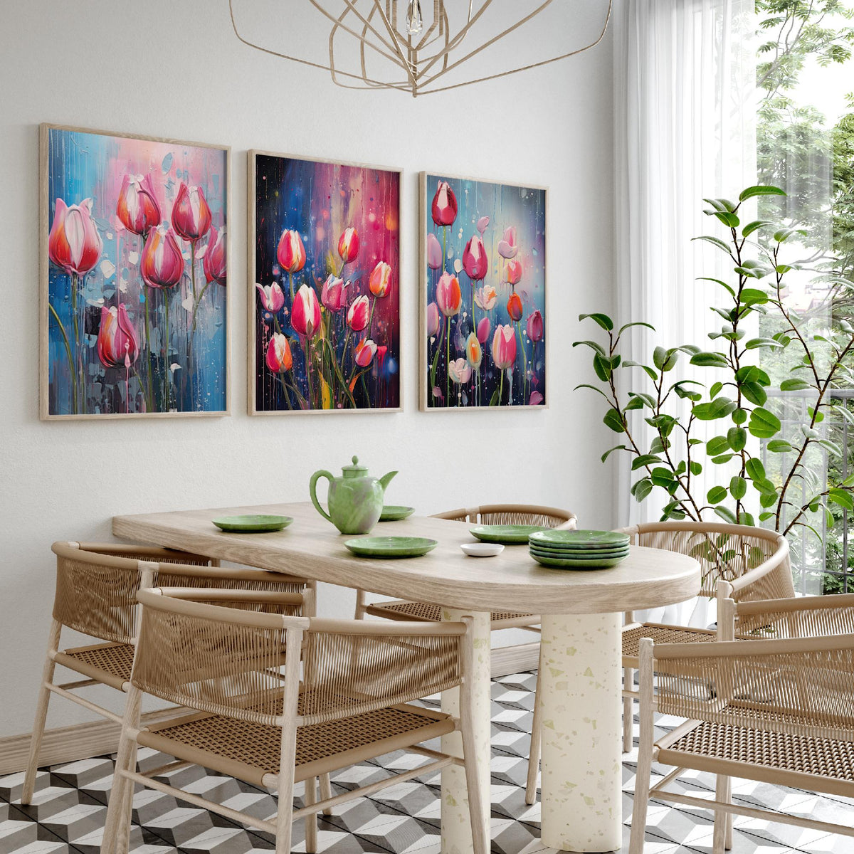 Tulips in Bold Colourful Brush Strokes Set of Three Art Prints - Pink Tulips with Paint Drips - Impasto Flower Poster Illustration