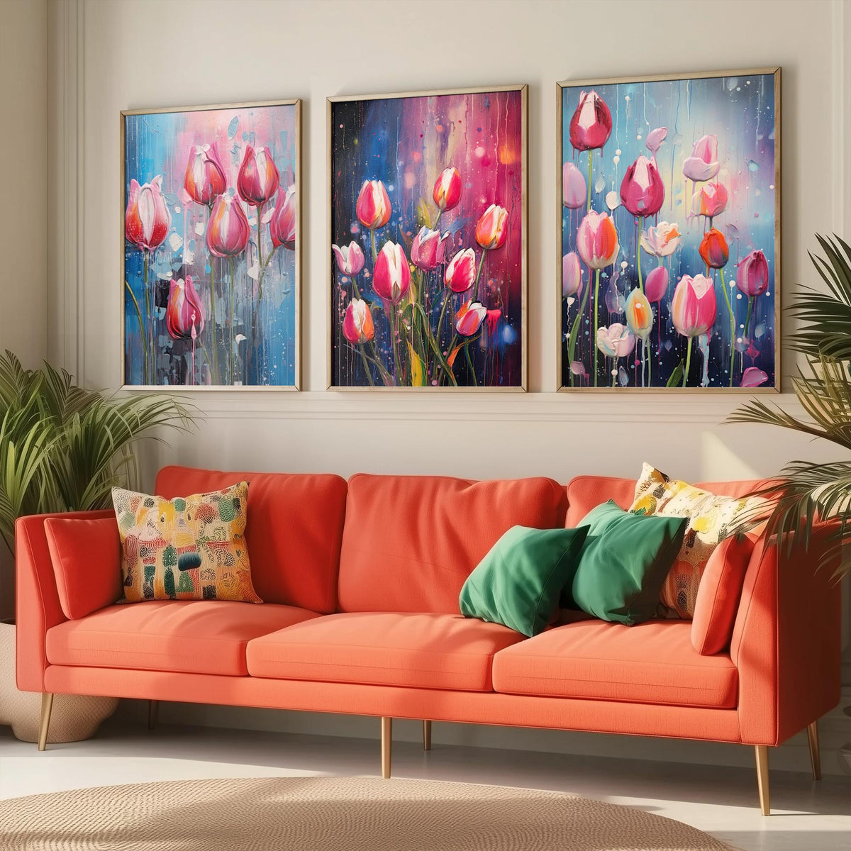 Tulips in Bold Colourful Brush Strokes Set of Three Art Prints - Pink Tulips with Paint Drips - Impasto Flower Poster Illustration