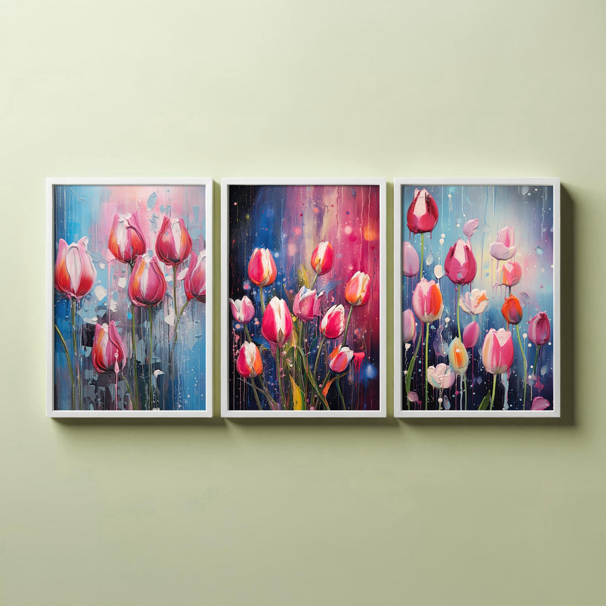 Tulips in Bold Colourful Brush Strokes Set of Three Art Prints - Pink Tulips with Paint Drips - Impasto Flower Poster Illustration