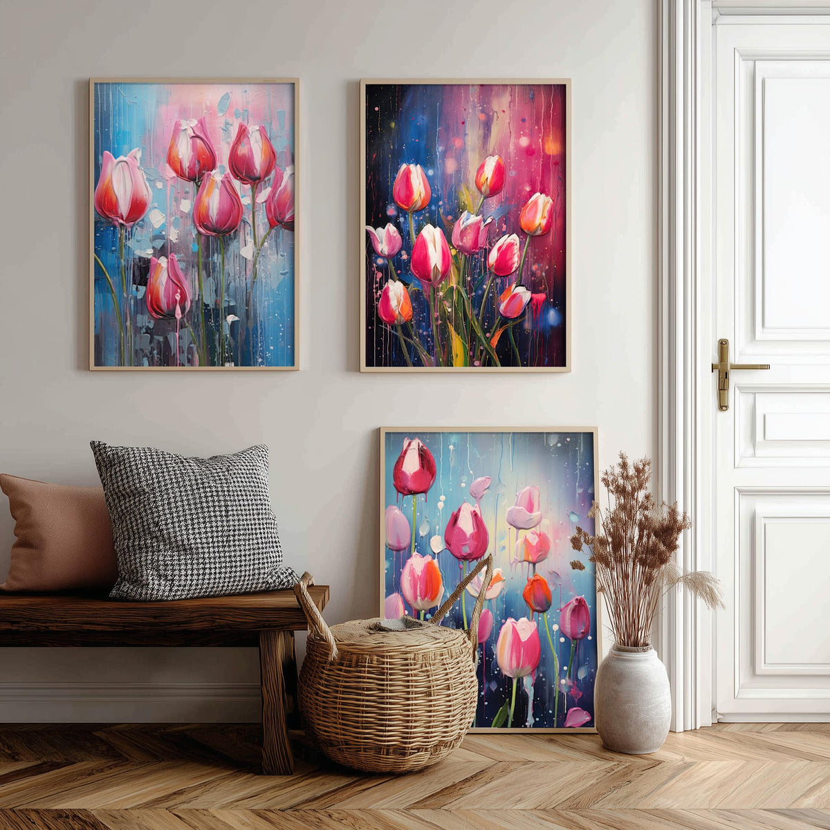 Tulips in Bold Colourful Brush Strokes Set of Three Art Prints - Pink Tulips with Paint Drips - Impasto Flower Poster Illustration