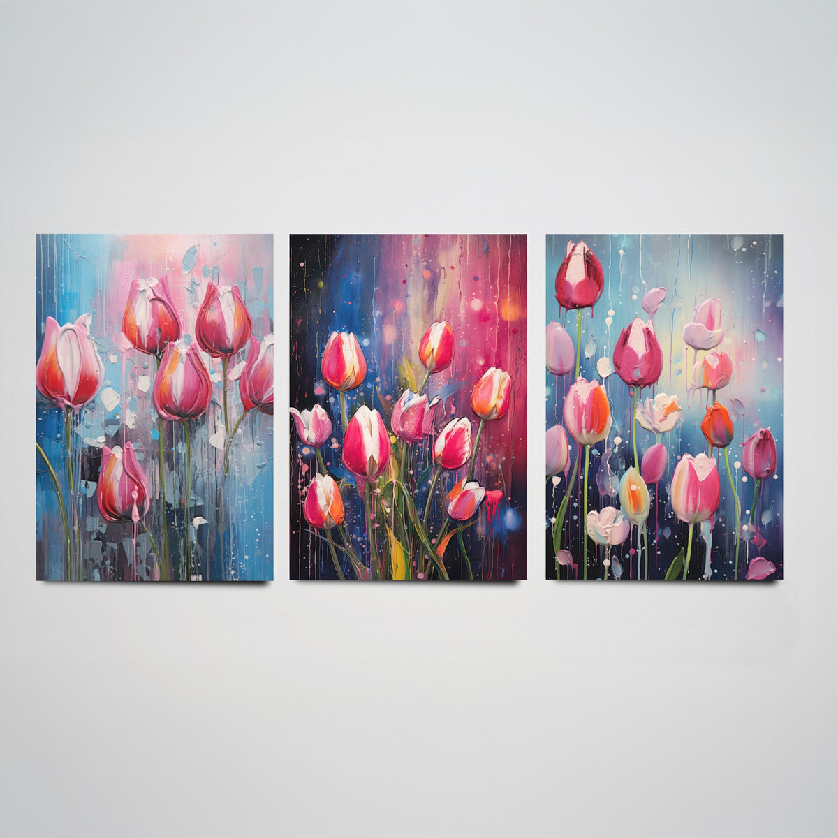 Tulips in Bold Colourful Brush Strokes Set of Three Art Prints - Pink Tulips with Paint Drips - Impasto Flower Poster Illustration