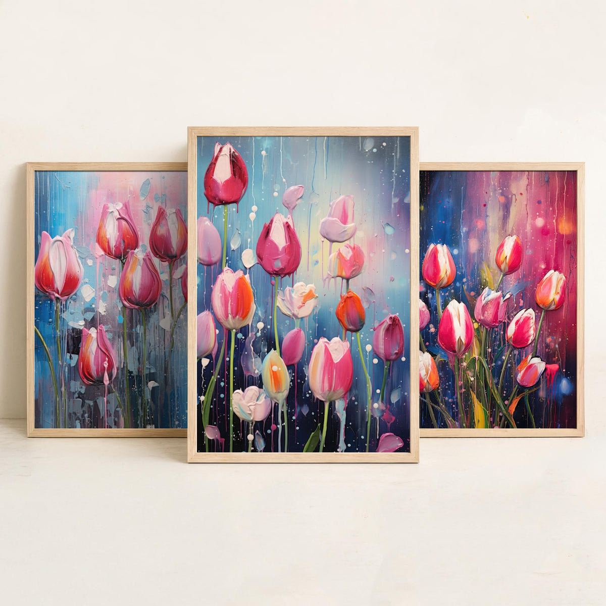 Tulips in Bold Colourful Brush Strokes Set of Three Art Prints - Pink Tulips with Paint Drips - Impasto Flower Poster Illustration