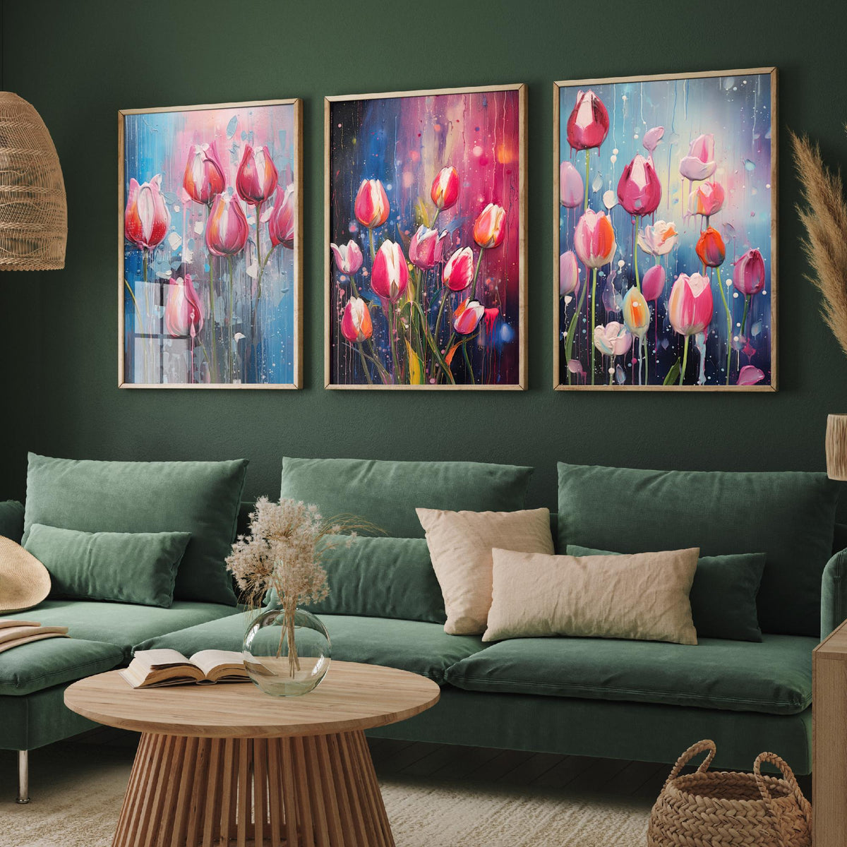 Tulips in Bold Colourful Brush Strokes Set of Three Art Prints - Pink Tulips with Paint Drips - Impasto Flower Poster Illustration