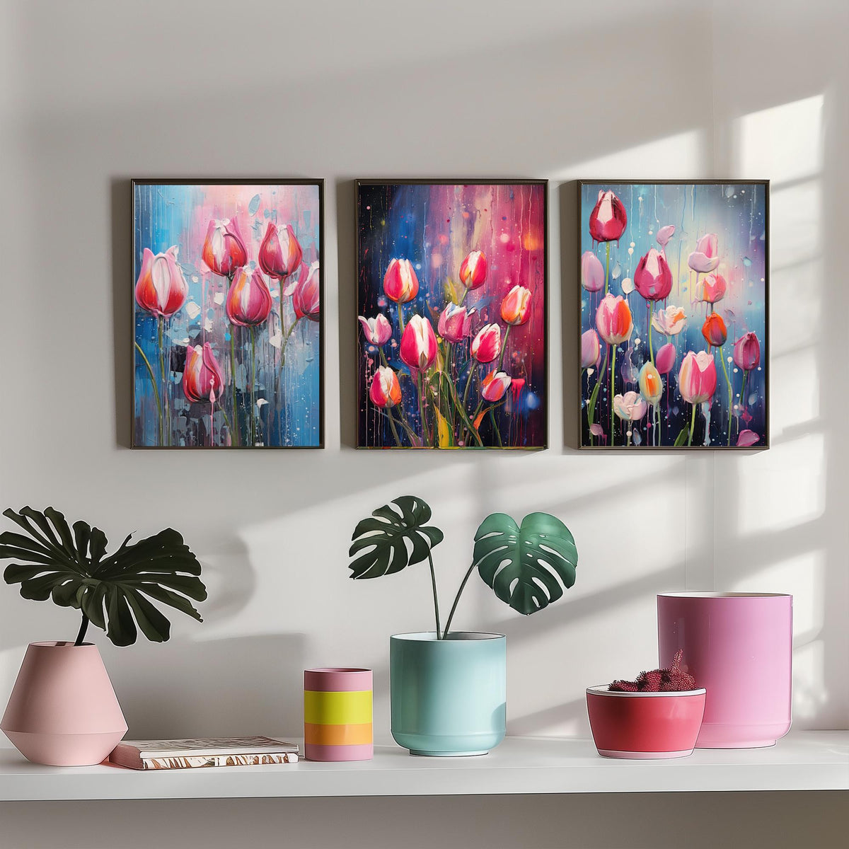 Tulips in Bold Colourful Brush Strokes Set of Three Art Prints - Pink Tulips with Paint Drips - Impasto Flower Poster Illustration