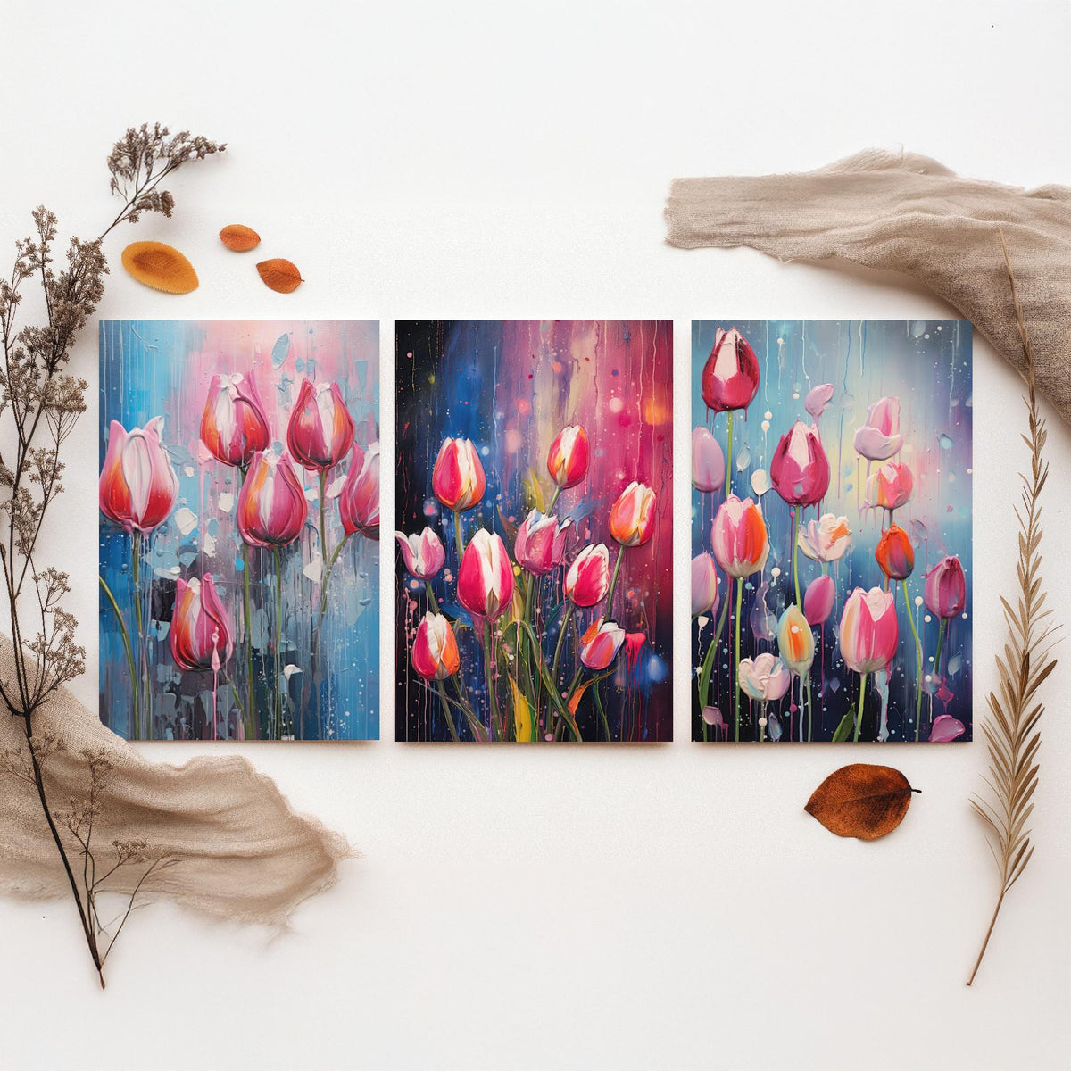 Tulips in Bold Colourful Brush Strokes Set of Three Art Prints - Pink Tulips with Paint Drips - Impasto Flower Poster Illustration