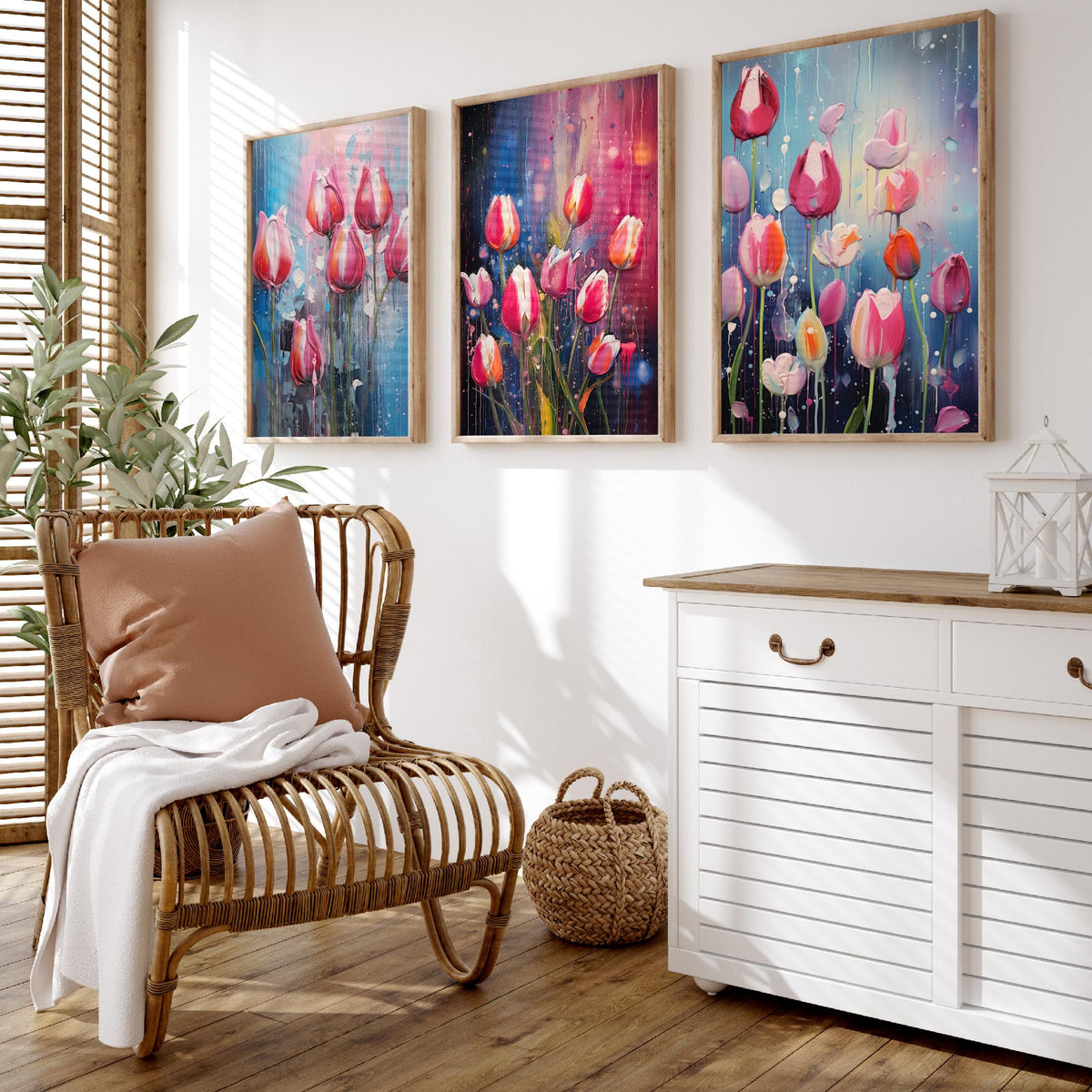 Tulips in Bold Colourful Brush Strokes Set of Three Art Prints - Pink Tulips with Paint Drips - Impasto Flower Poster Illustration