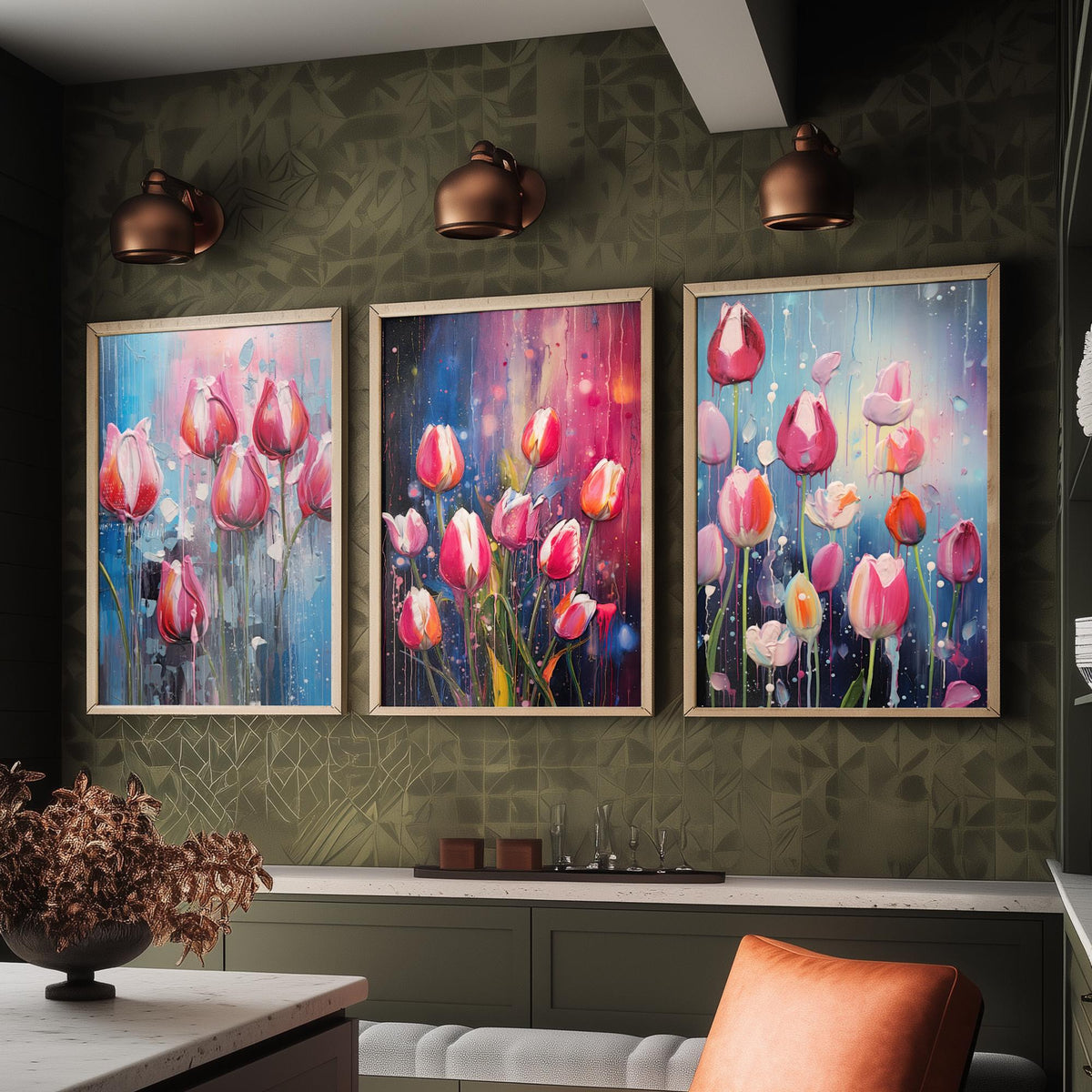 Tulips in Bold Colourful Brush Strokes Set of Three Art Prints - Pink Tulips with Paint Drips - Impasto Flower Poster Illustration