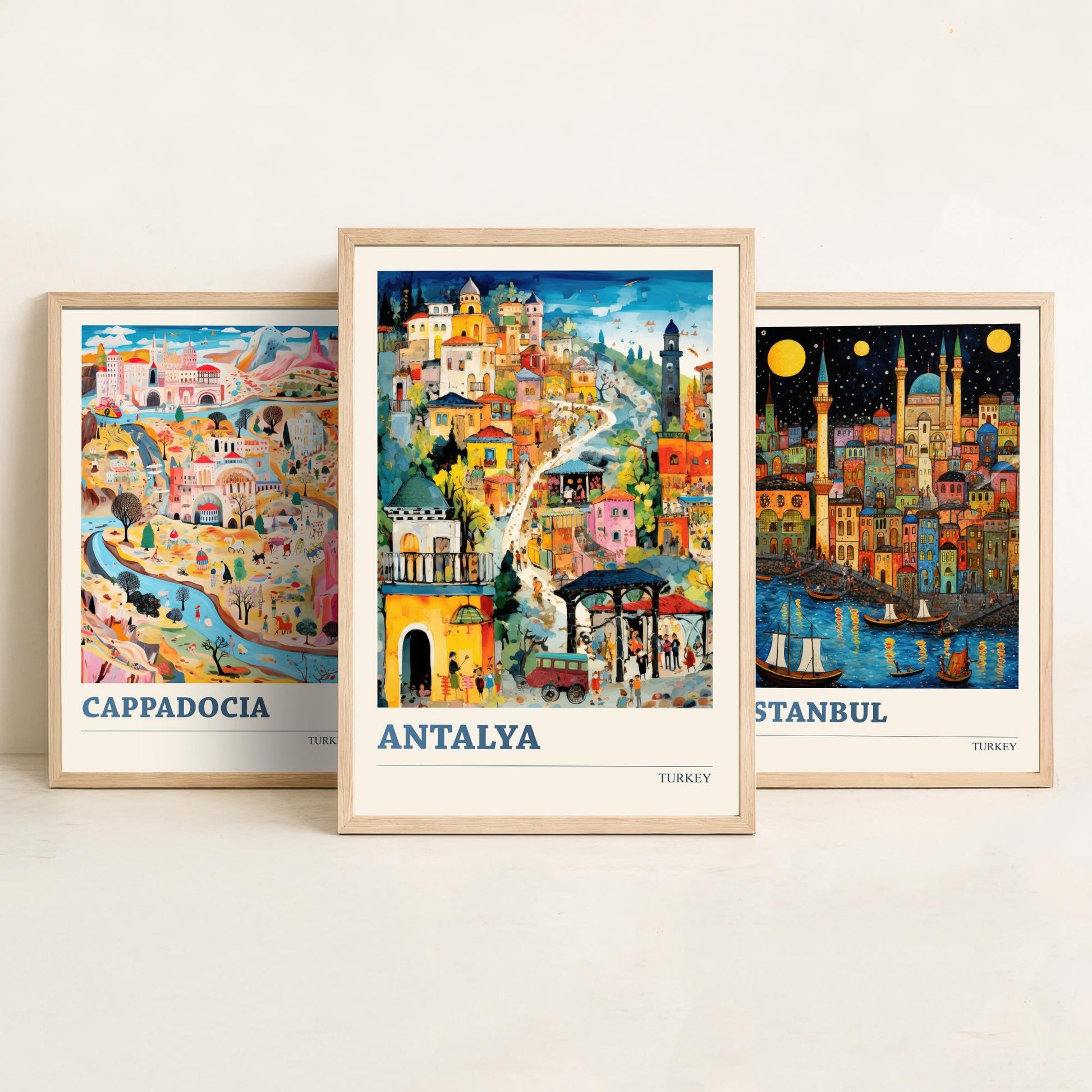 Turkey Set of Three Art Prints - Cappadocia, Istanbul, Antalya - Vibrant Modern Travel Posters - Colourful Illustration Wall Set