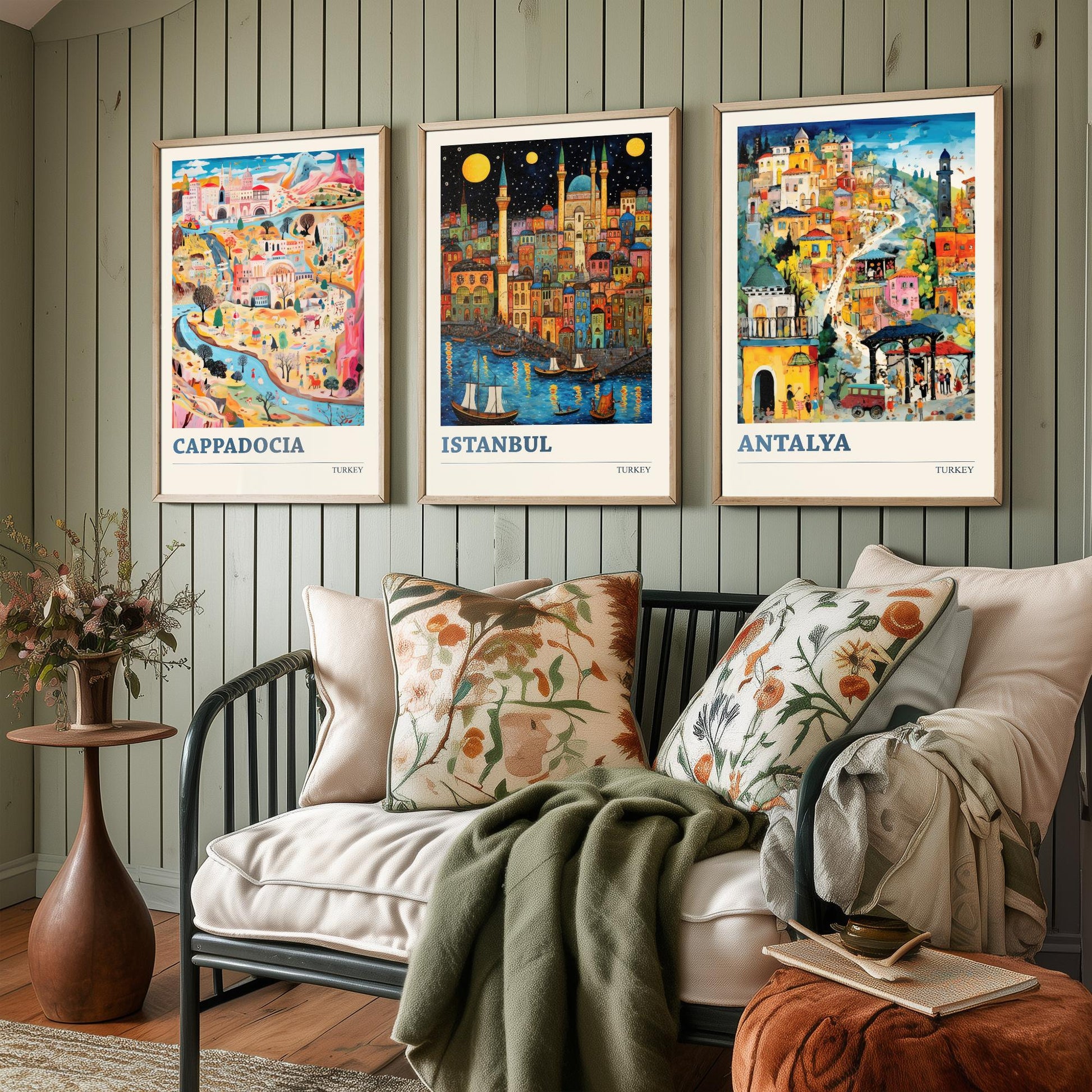 Turkey Set of Three Art Prints - Cappadocia, Istanbul, Antalya - Vibrant Modern Travel Posters - Colourful Illustration Wall Set