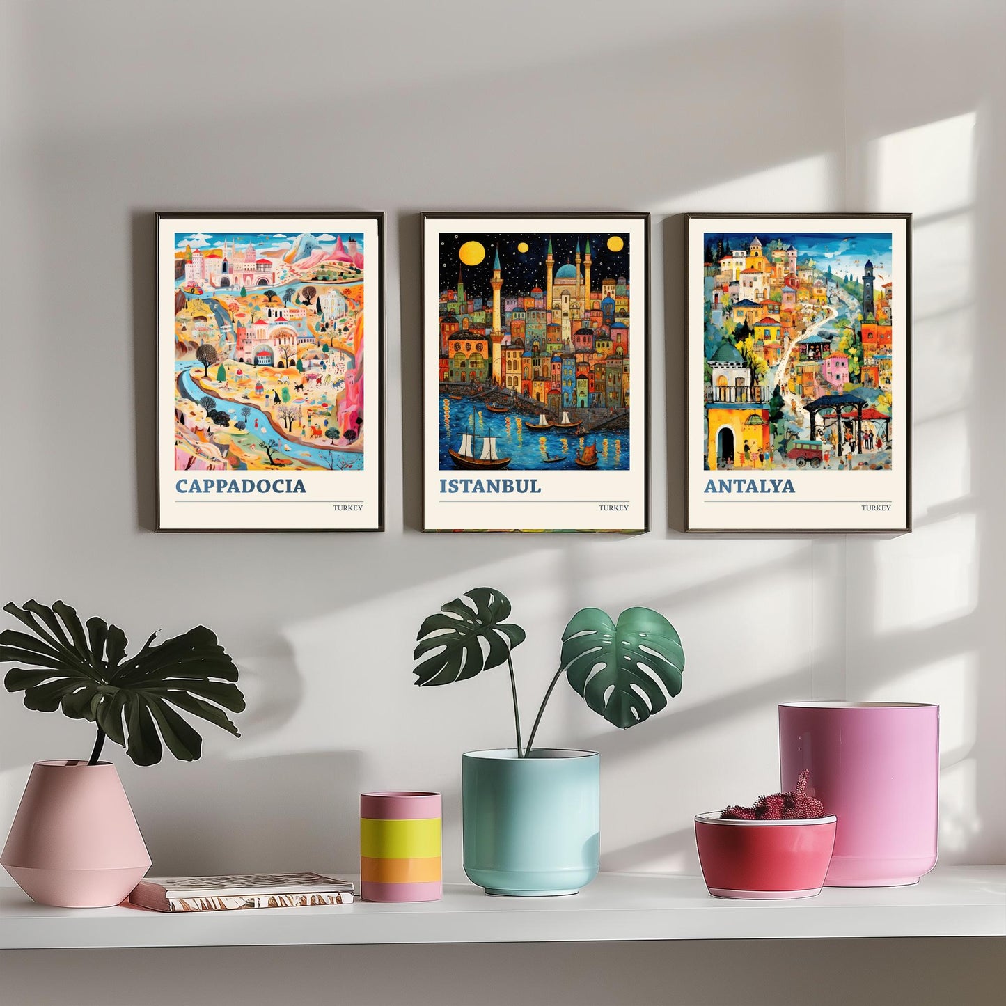 Turkey Set of Three Art Prints - Cappadocia, Istanbul, Antalya - Vibrant Modern Travel Posters - Colourful Illustration Wall Set