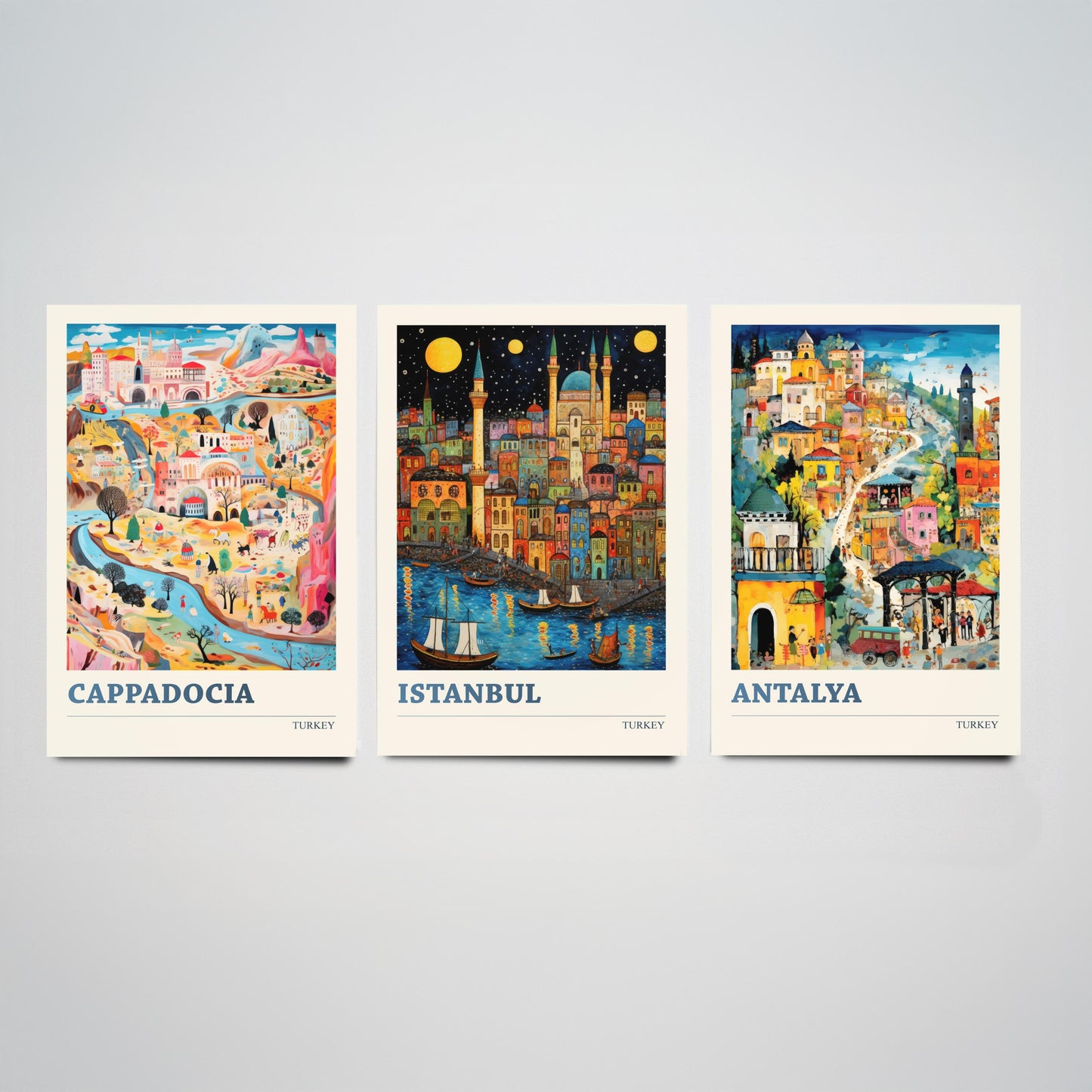 Turkey Set of Three Art Prints - Cappadocia, Istanbul, Antalya - Vibrant Modern Travel Posters - Colourful Illustration Wall Set