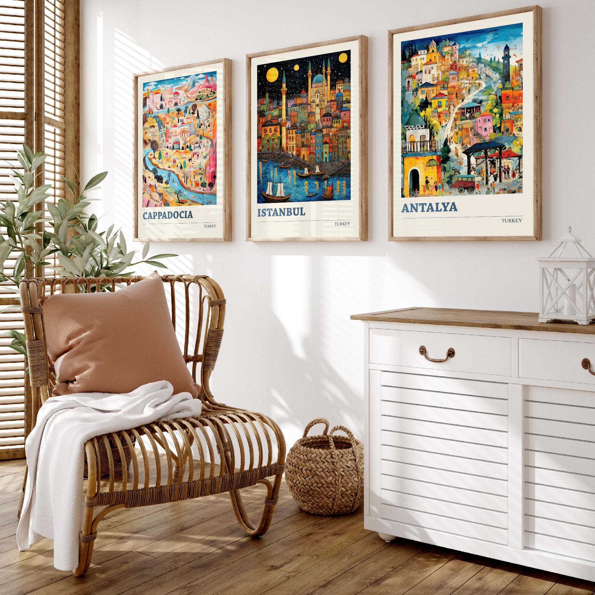 Turkey Set of Three Art Prints - Cappadocia, Istanbul, Antalya - Vibrant Modern Travel Posters - Colourful Illustration Wall Set