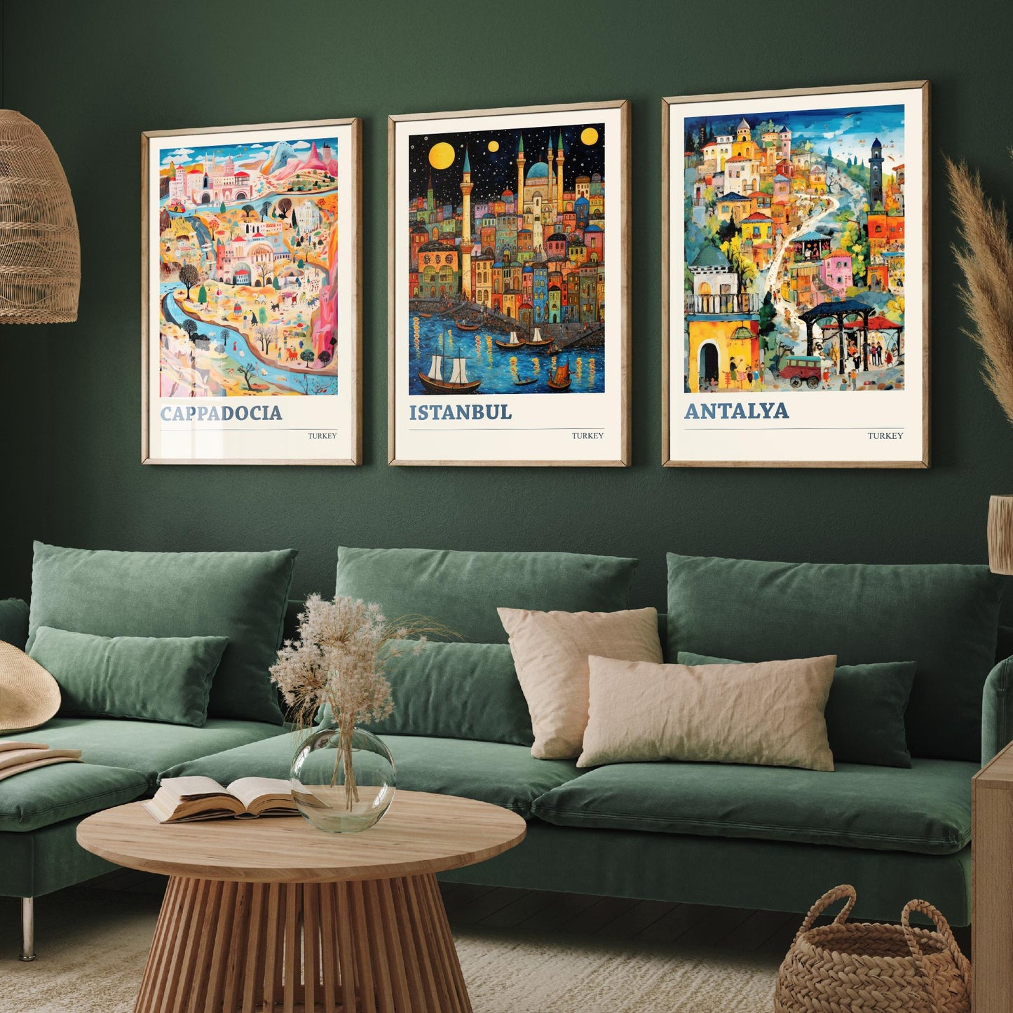 Turkey Set of Three Art Prints - Cappadocia, Istanbul, Antalya - Vibrant Modern Travel Posters - Colourful Illustration Wall Set