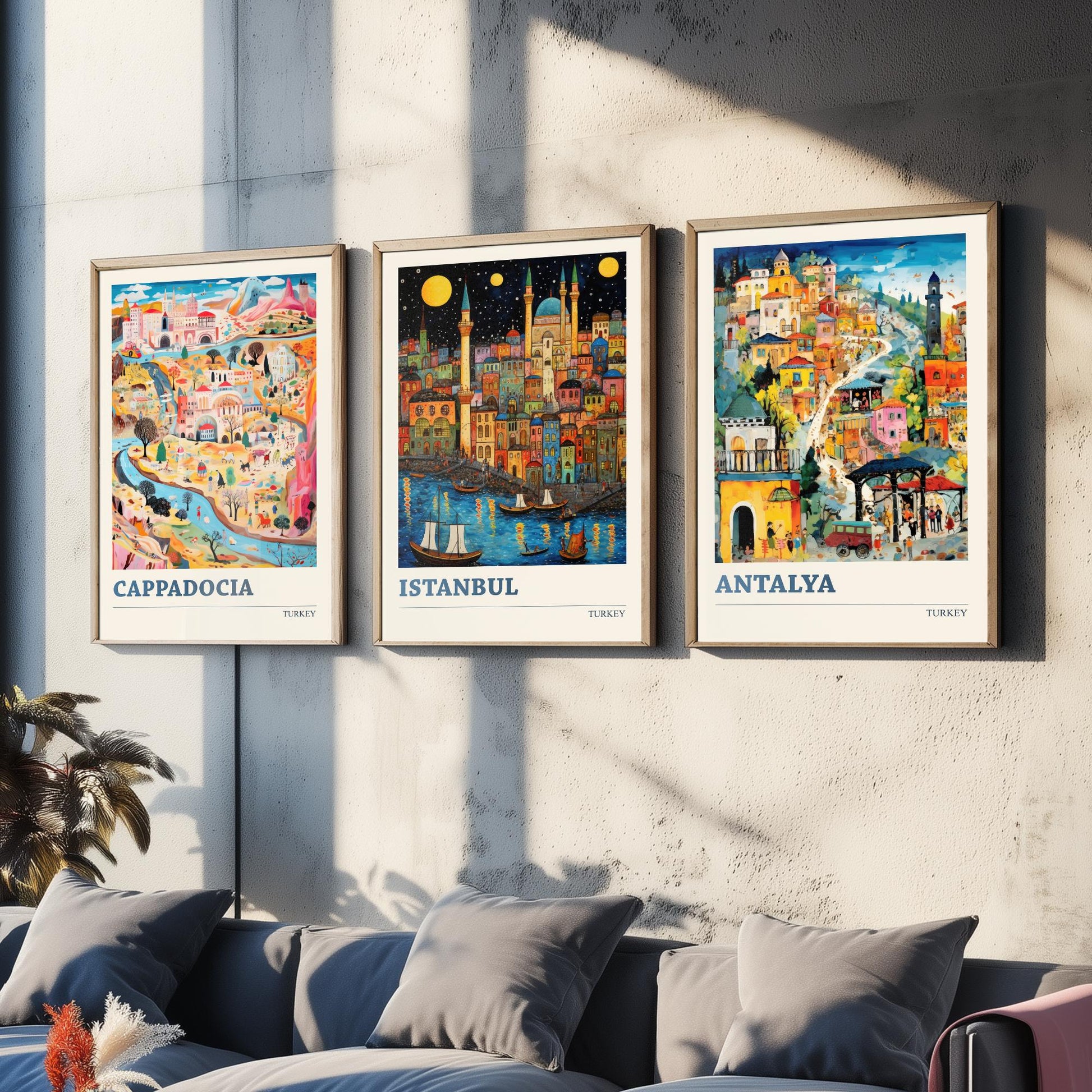 Turkey Set of Three Art Prints - Cappadocia, Istanbul, Antalya - Vibrant Modern Travel Posters - Colourful Illustration Wall Set