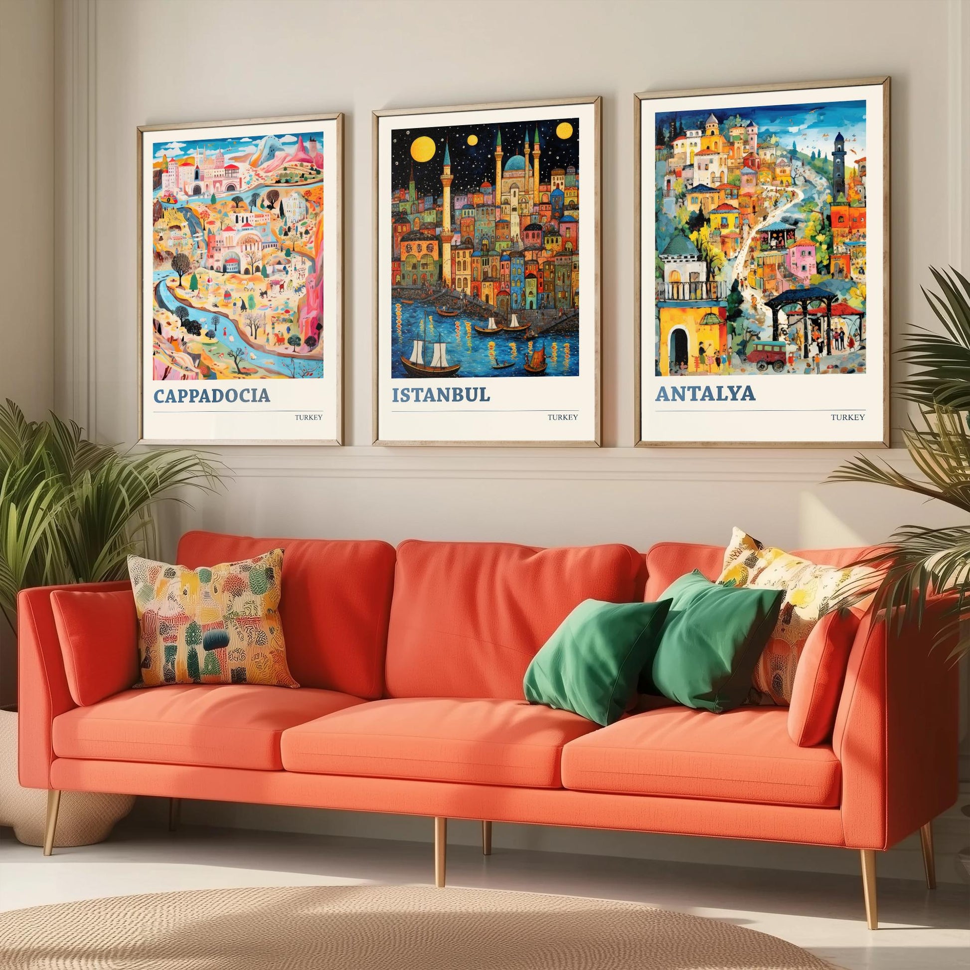 Turkey Set of Three Art Prints - Cappadocia, Istanbul, Antalya - Vibrant Modern Travel Posters - Colourful Illustration Wall Set