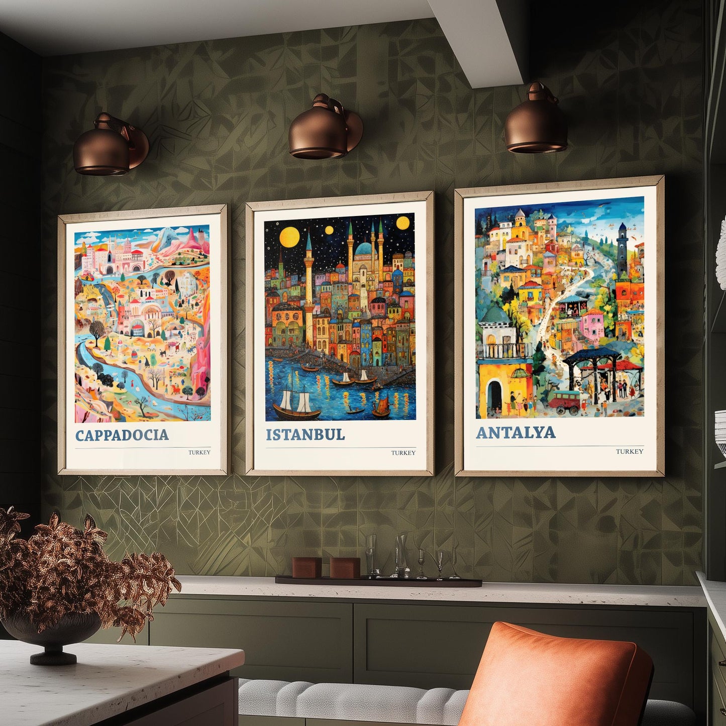 Turkey Set of Three Art Prints - Cappadocia, Istanbul, Antalya - Vibrant Modern Travel Posters - Colourful Illustration Wall Set