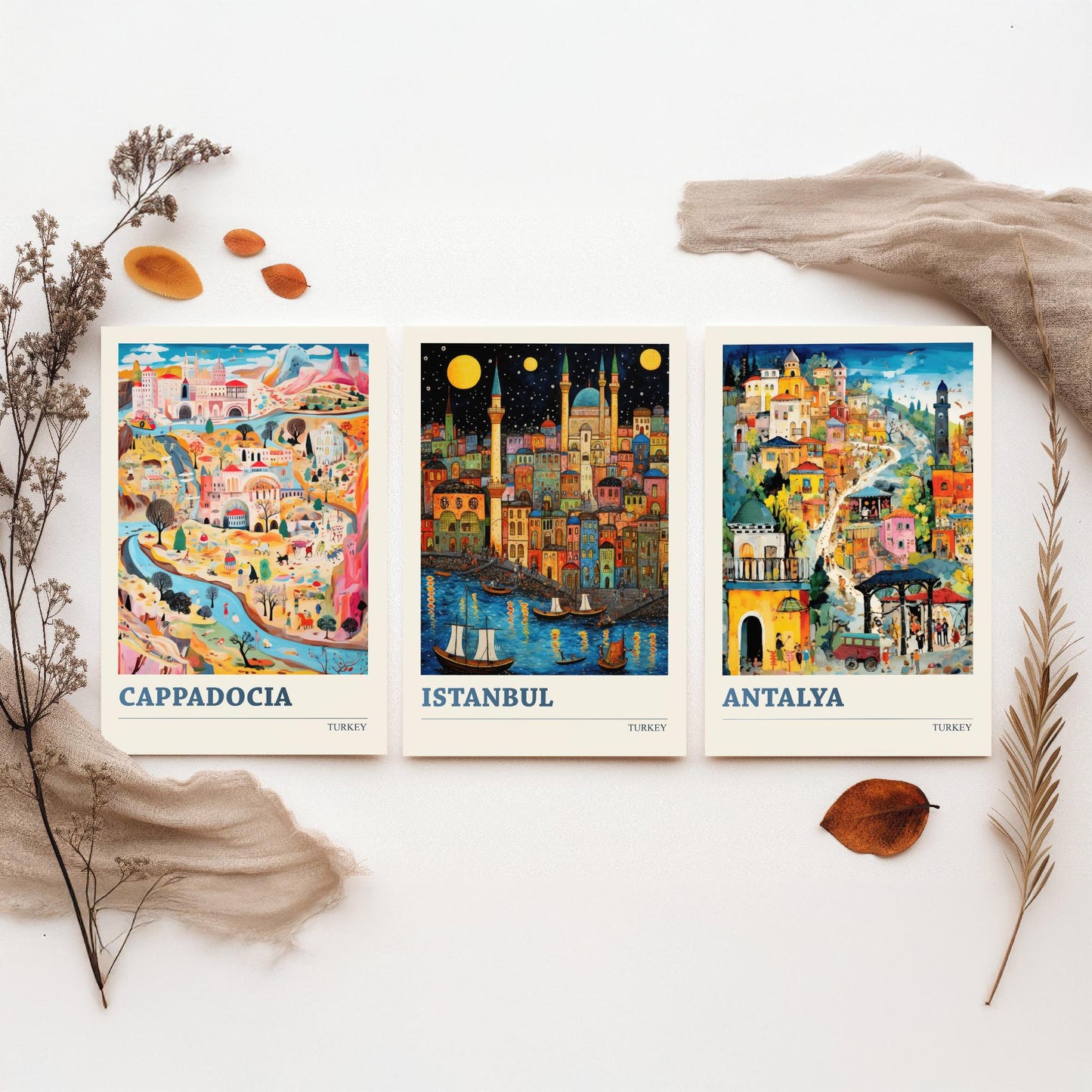 Turkey Set of Three Art Prints - Cappadocia, Istanbul, Antalya - Vibrant Modern Travel Posters - Colourful Illustration Wall Set