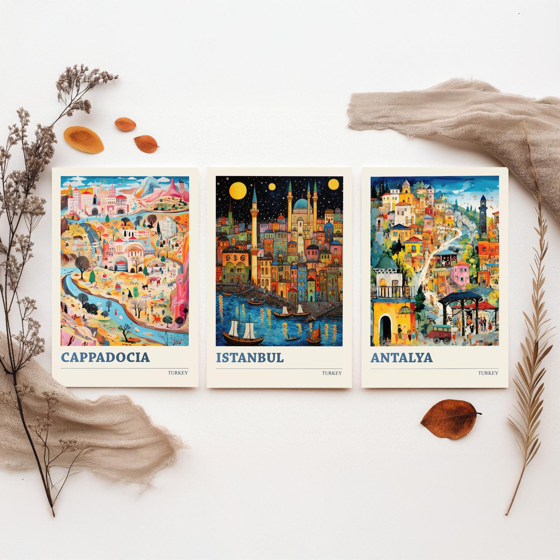 Turkey Set of Three Art Prints - Cappadocia, Istanbul, Antalya - Vibrant Modern Travel Posters - Colourful Illustration Wall Set