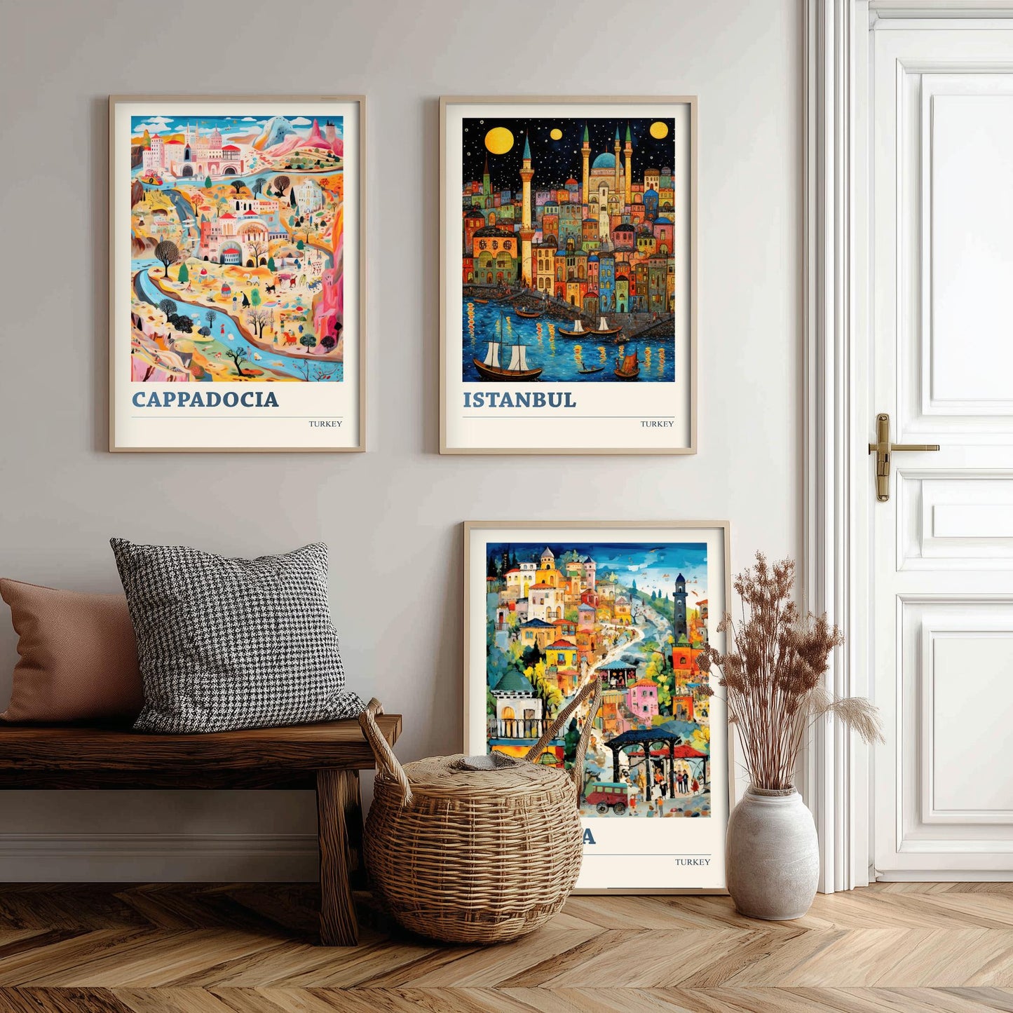 Turkey Set of Three Art Prints - Cappadocia, Istanbul, Antalya - Vibrant Modern Travel Posters - Colourful Illustration Wall Set