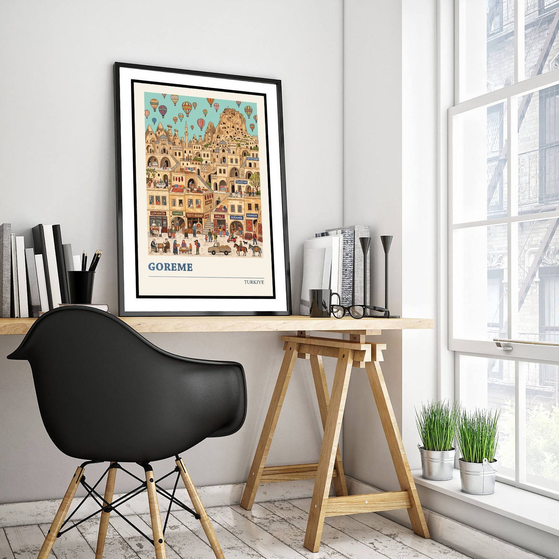 Goreme Cappadocia Travel Poster - Hot Air Balloons Folk Art Illustration - Fairy Chimney Cave Town Art Print - Turkiye Wall Art 1/3