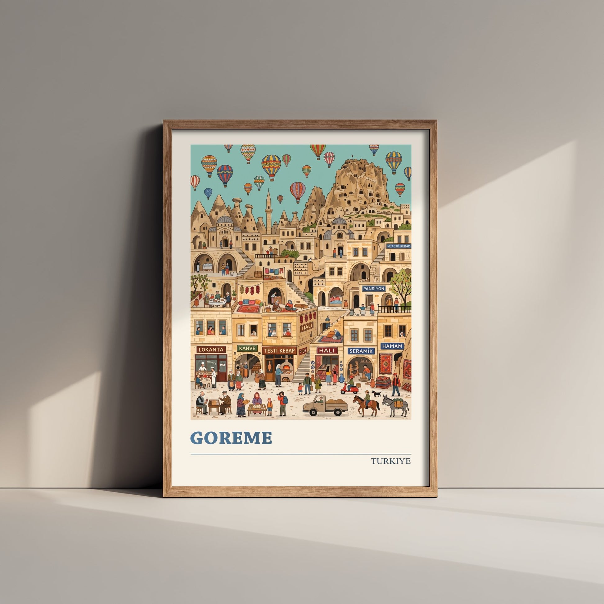 Goreme Cappadocia Travel Poster - Hot Air Balloons Folk Art Illustration - Fairy Chimney Cave Town Art Print - Turkiye Wall Art 1/3