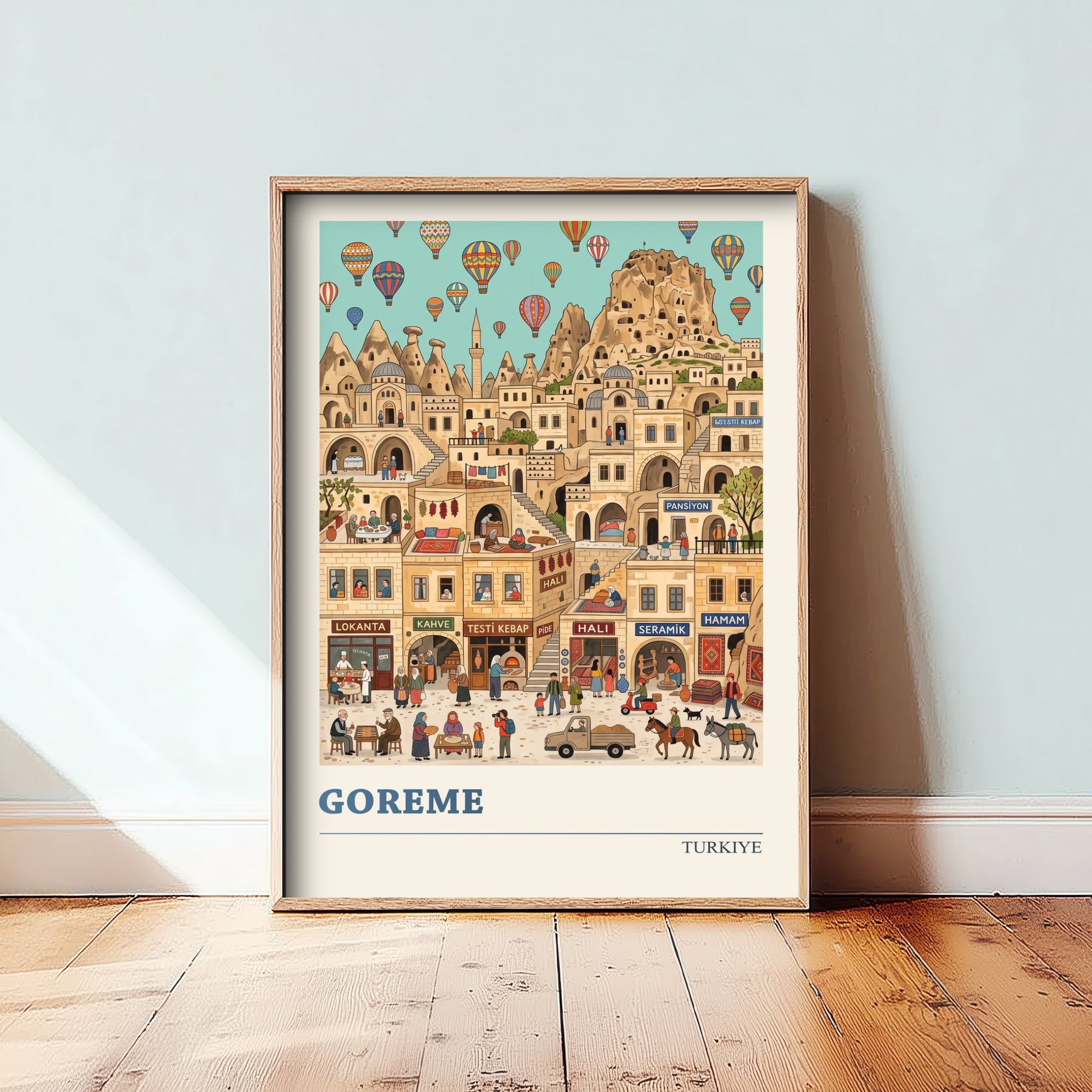 Goreme Cappadocia Travel Poster - Hot Air Balloons Folk Art Illustration - Fairy Chimney Cave Town Art Print - Turkiye Wall Art 1/3