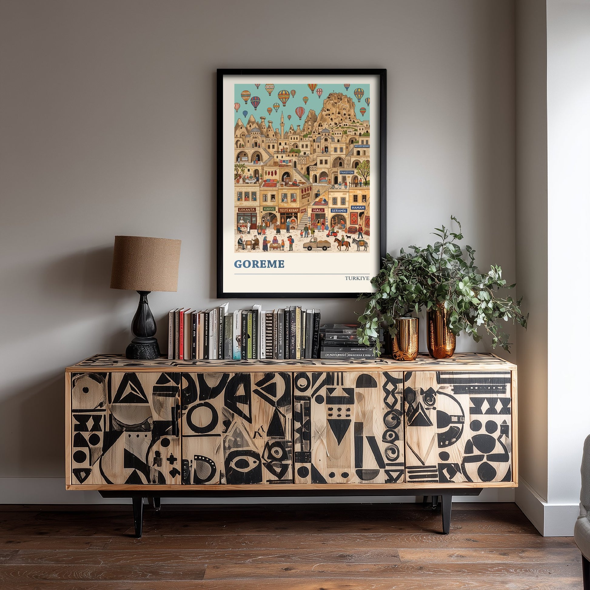 Goreme Cappadocia Travel Poster - Hot Air Balloons Folk Art Illustration - Fairy Chimney Cave Town Art Print - Turkiye Wall Art 1/3