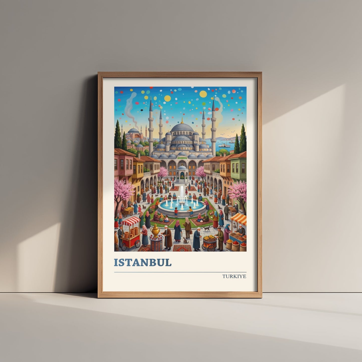 Istanbul Travel Poster - Blue Mosque Folk Art Illustration - Bosphorus and Bazaar Art Print - Simit Cart and Tea Garden Scene 2/3