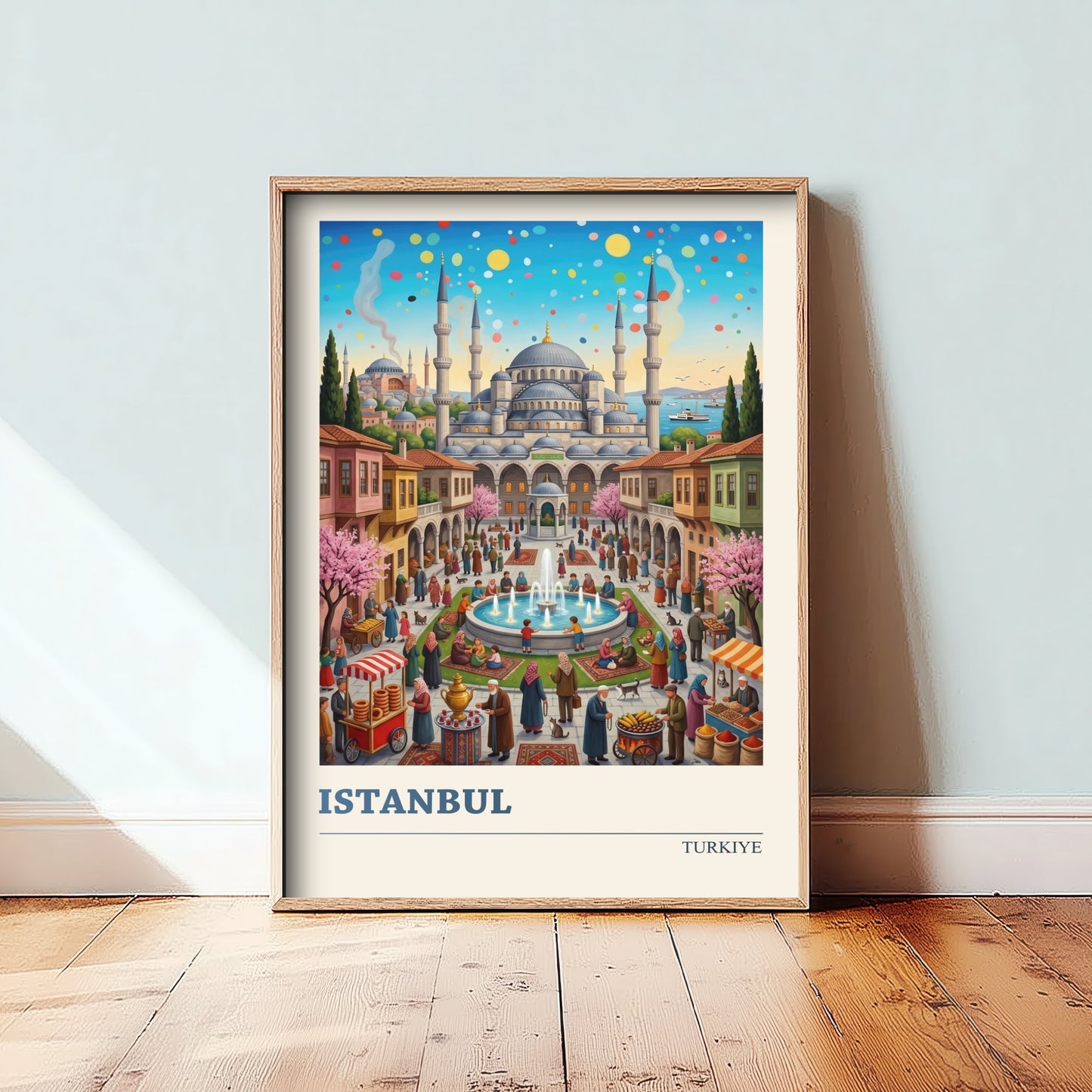 Istanbul Travel Poster - Blue Mosque Folk Art Illustration - Bosphorus and Bazaar Art Print - Simit Cart and Tea Garden Scene 2/3