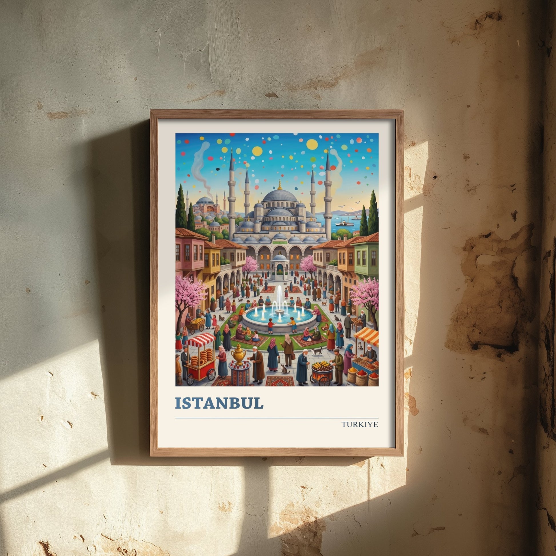 Istanbul Travel Poster - Blue Mosque Folk Art Illustration - Bosphorus and Bazaar Art Print - Simit Cart and Tea Garden Scene 2/3