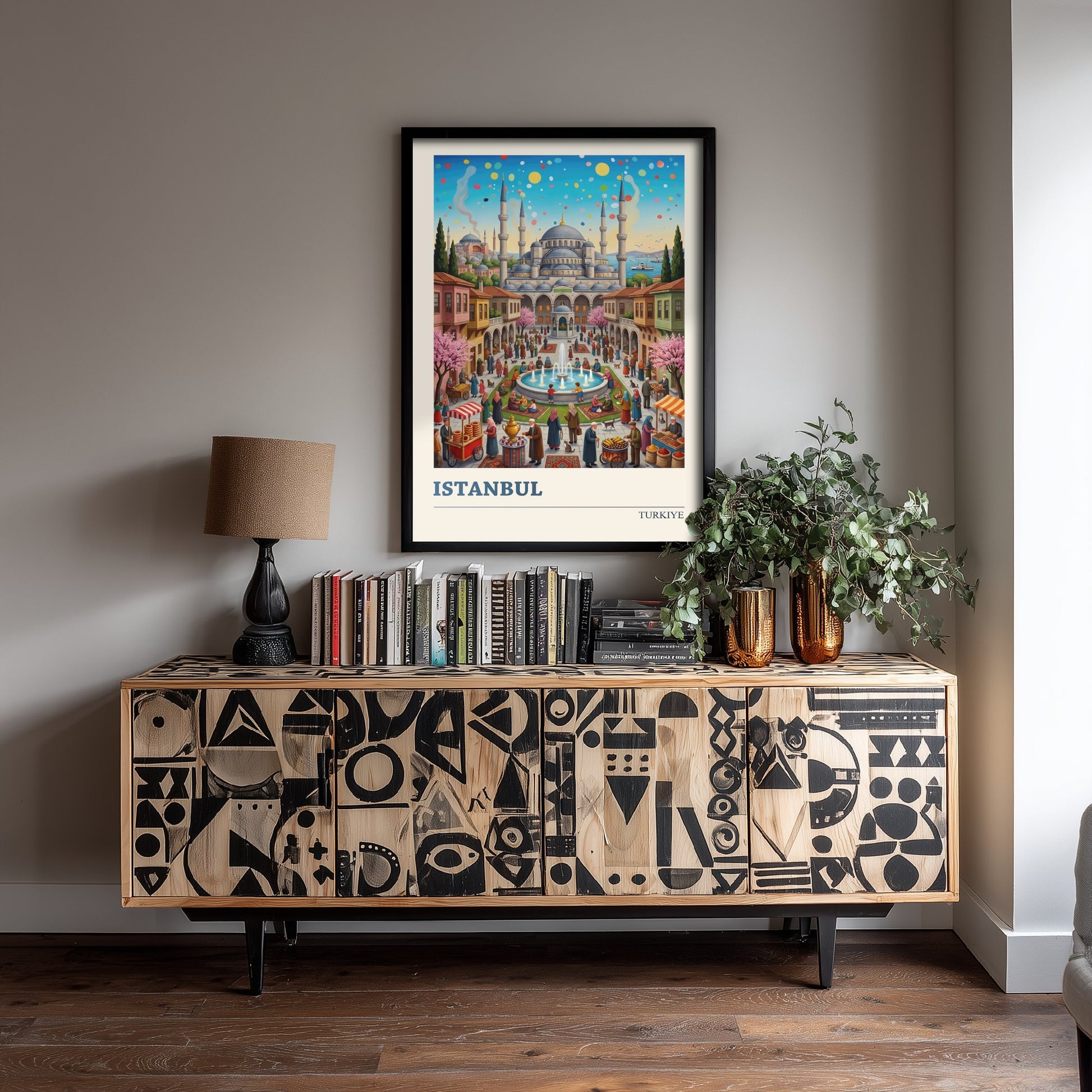 Istanbul Travel Poster - Blue Mosque Folk Art Illustration - Bosphorus and Bazaar Art Print - Simit Cart and Tea Garden Scene 2/3