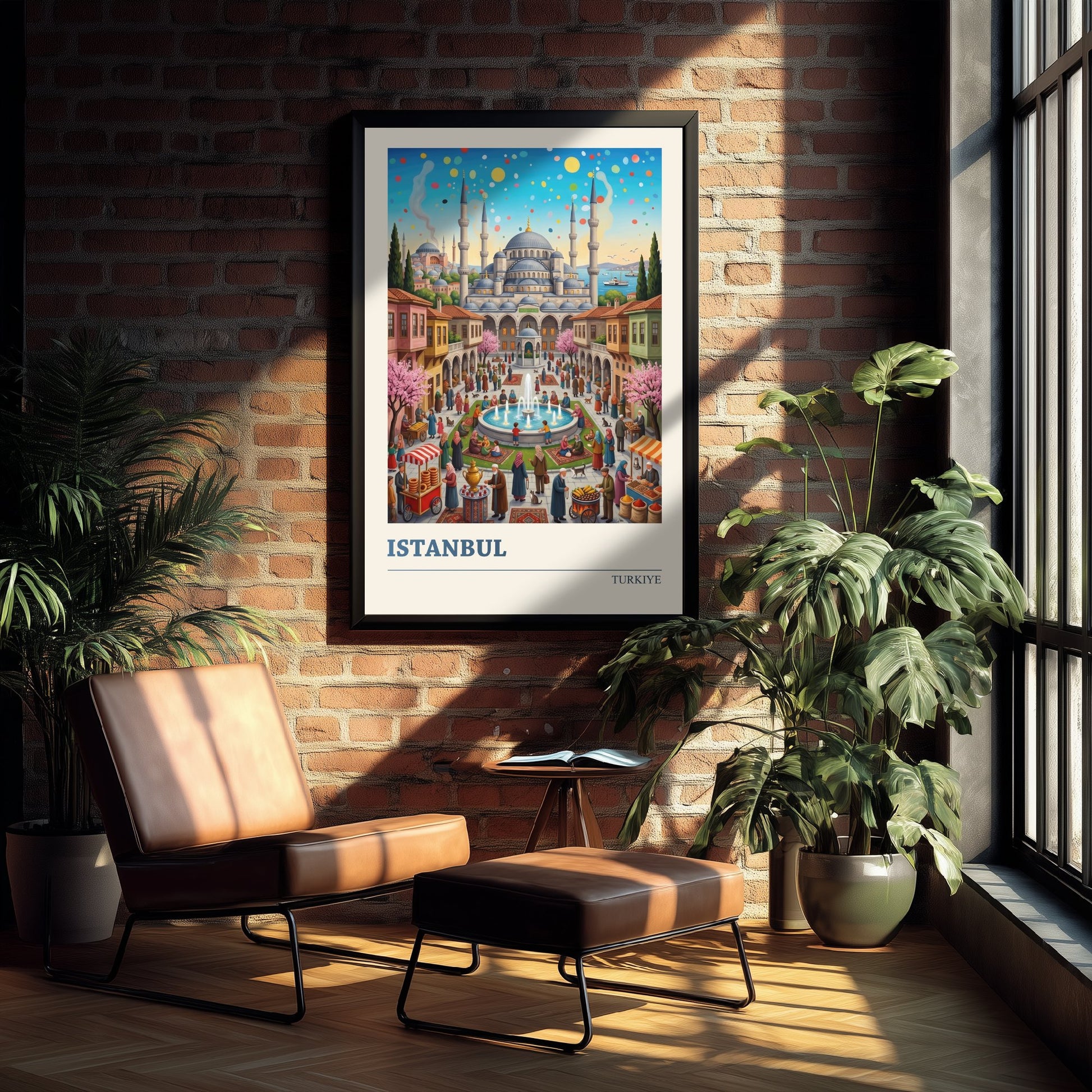 Istanbul Travel Poster - Blue Mosque Folk Art Illustration - Bosphorus and Bazaar Art Print - Simit Cart and Tea Garden Scene 2/3