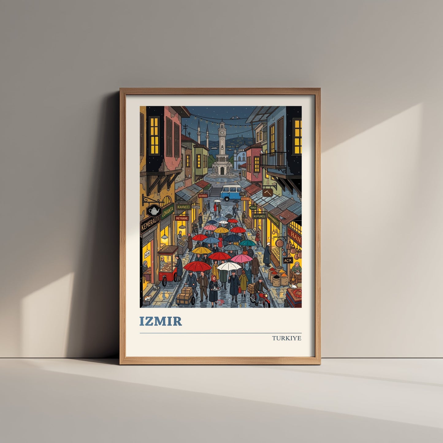 Izmir Turkiye Travel Poster - Clock Tower Folk Art Illustration - Rainy Kemeralti Bazaar Art Print - Umbrella Night Market Scene 3/3