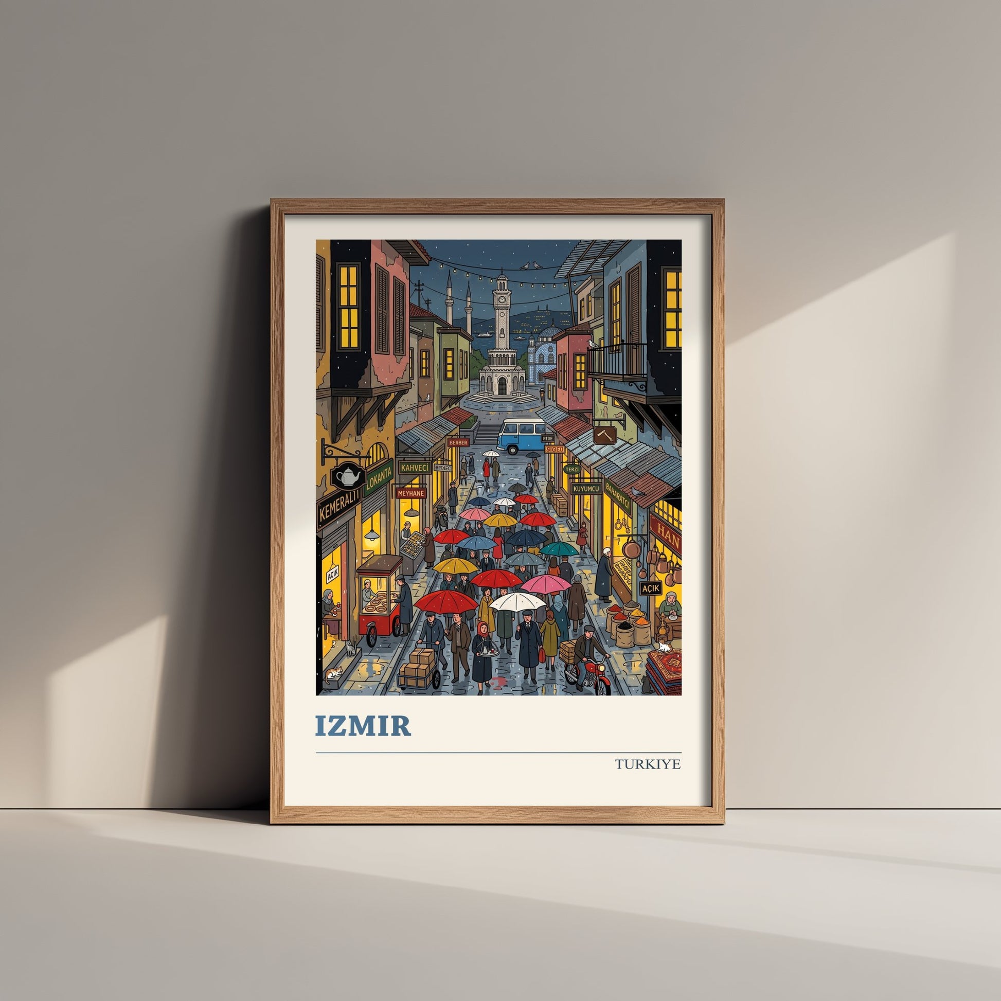 Izmir Turkiye Travel Poster - Clock Tower Folk Art Illustration - Rainy Kemeralti Bazaar Art Print - Umbrella Night Market Scene 3/3