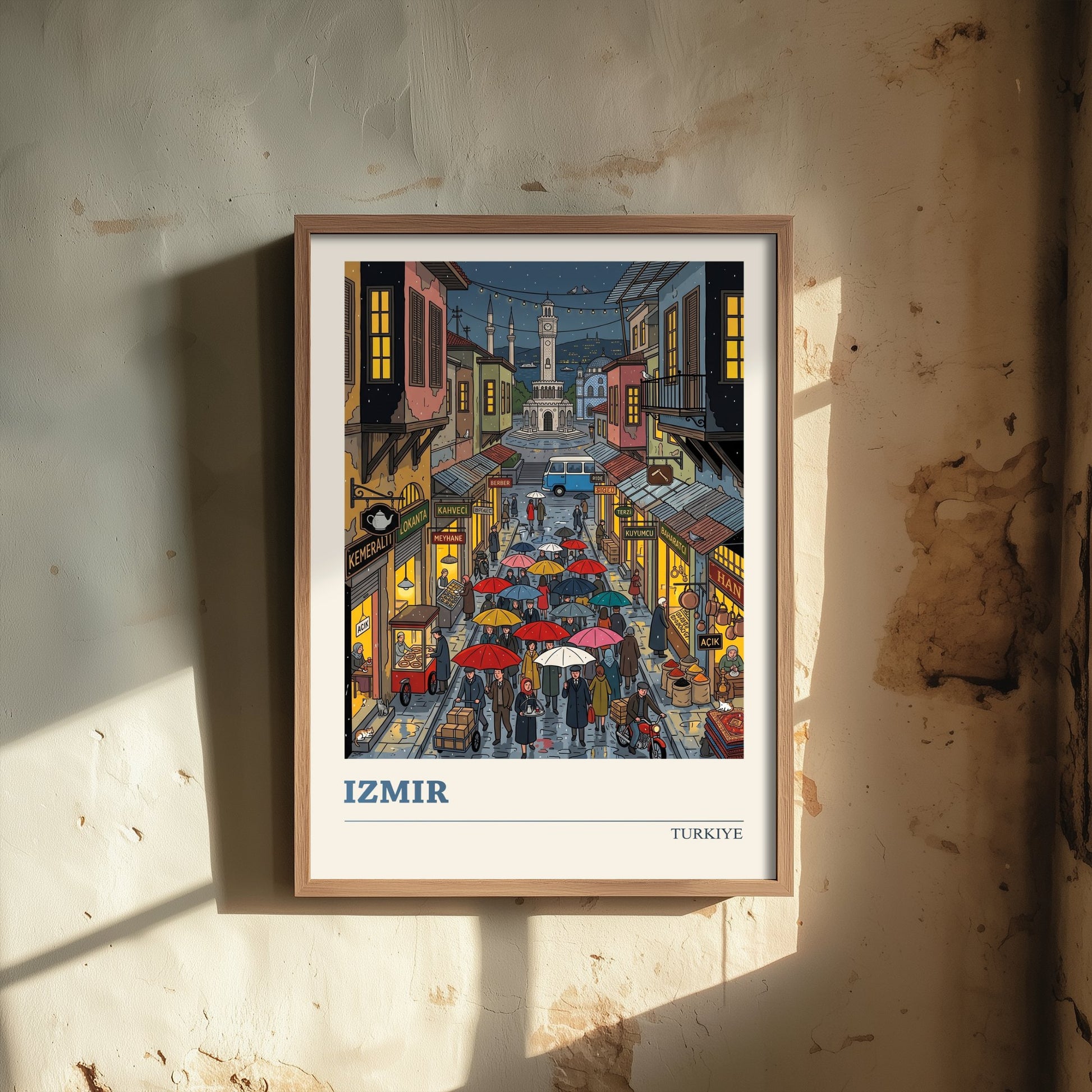 Izmir Turkiye Travel Poster - Clock Tower Folk Art Illustration - Rainy Kemeralti Bazaar Art Print - Umbrella Night Market Scene 3/3
