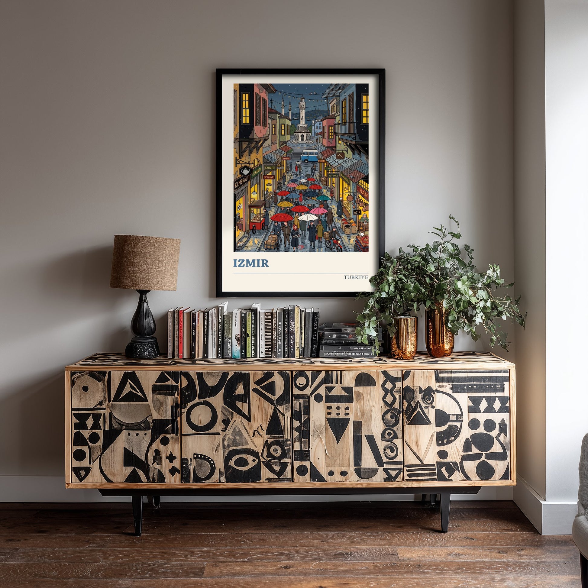 Izmir Turkiye Travel Poster - Clock Tower Folk Art Illustration - Rainy Kemeralti Bazaar Art Print - Umbrella Night Market Scene 3/3