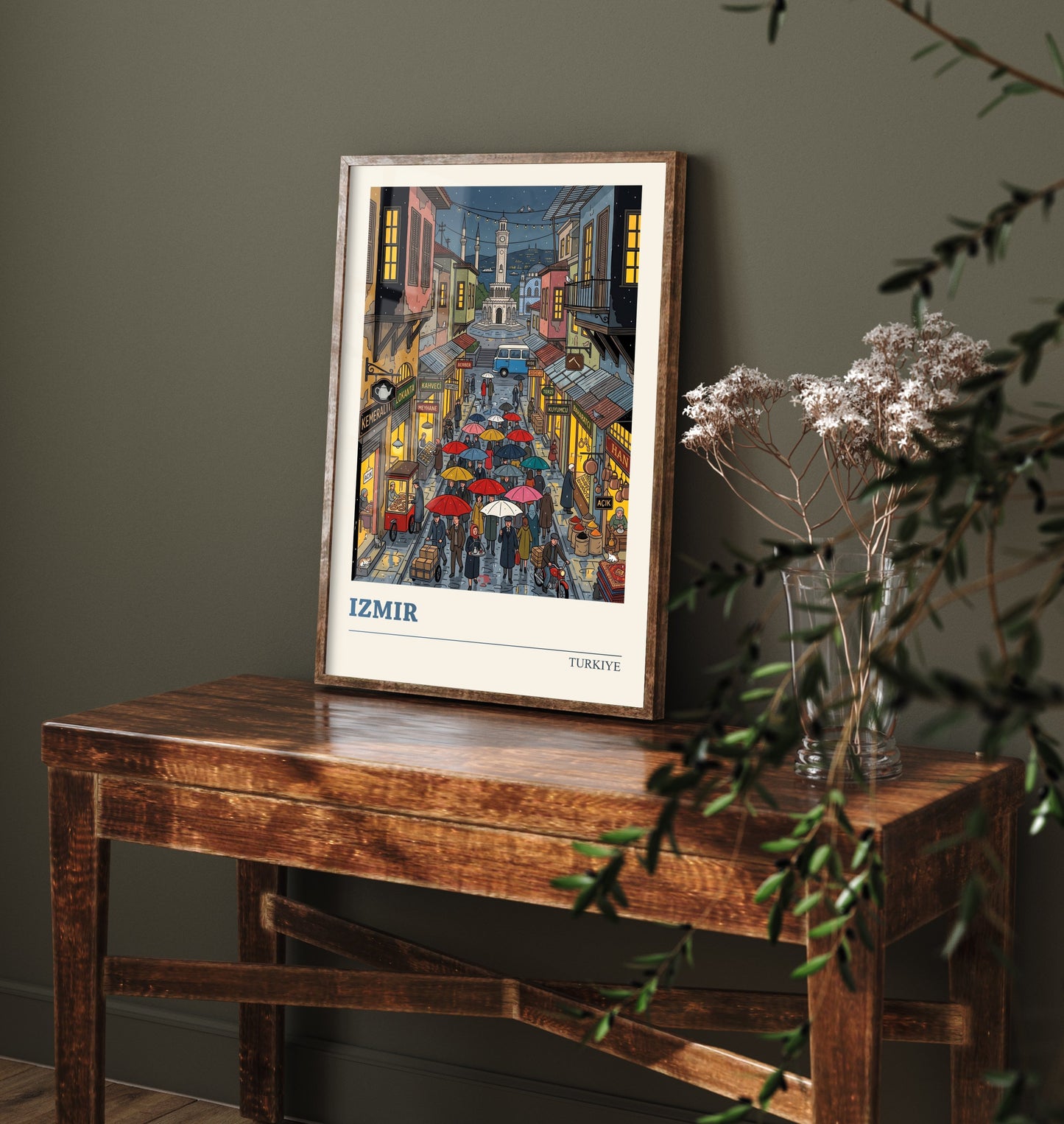 Izmir Turkiye Travel Poster - Clock Tower Folk Art Illustration - Rainy Kemeralti Bazaar Art Print - Umbrella Night Market Scene 3/3