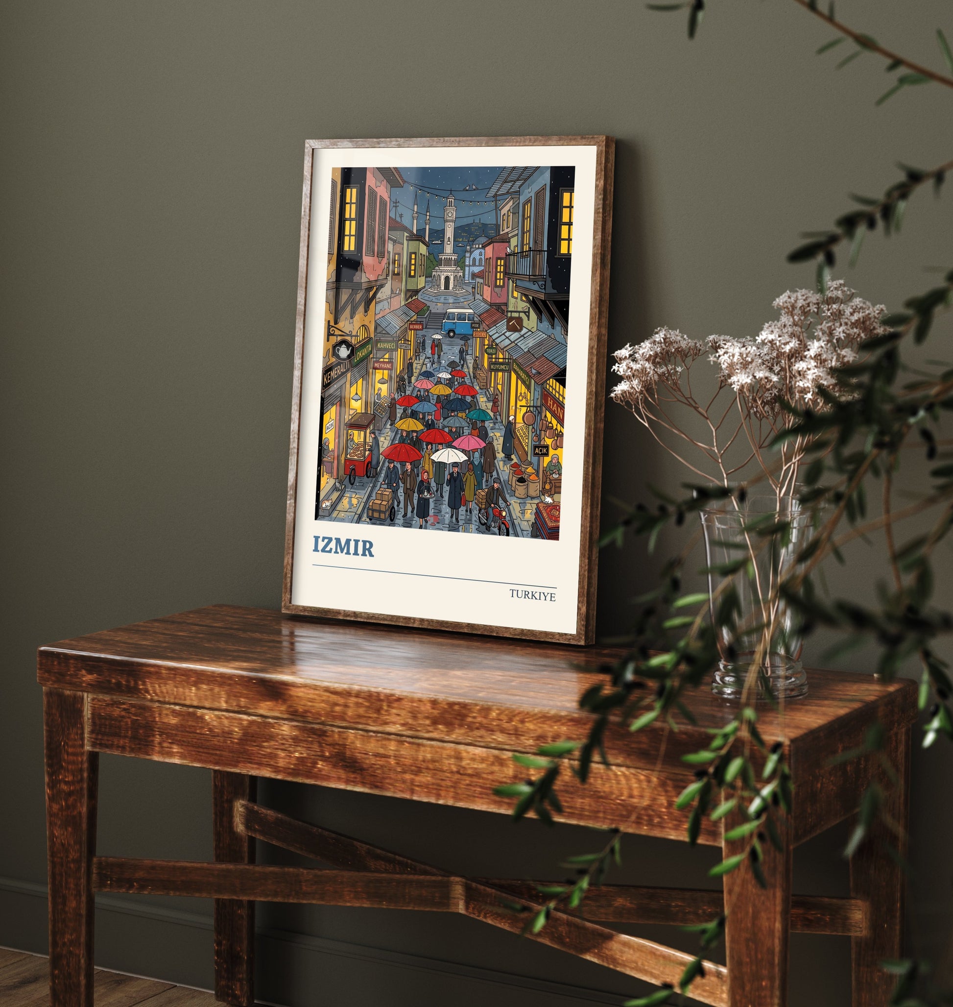 Izmir Turkiye Travel Poster - Clock Tower Folk Art Illustration - Rainy Kemeralti Bazaar Art Print - Umbrella Night Market Scene 3/3