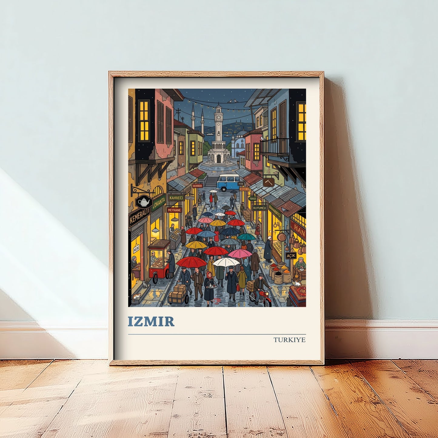 Izmir Turkiye Travel Poster - Clock Tower Folk Art Illustration - Rainy Kemeralti Bazaar Art Print - Umbrella Night Market Scene 3/3