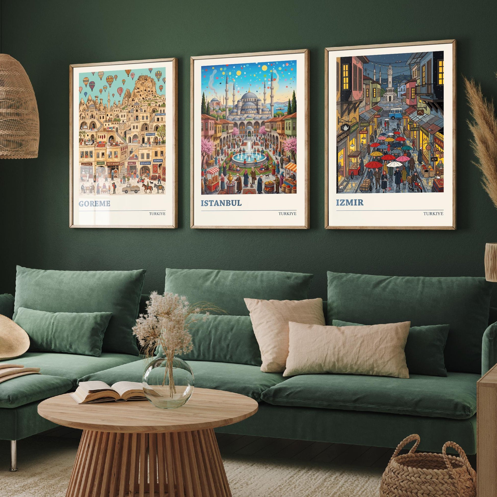 Turkiye Set of Three Art Prints - Goreme, Istanbul, Izmir - 3 Colourful Folk Illustration Travel Posters - Turkish Cities Painting