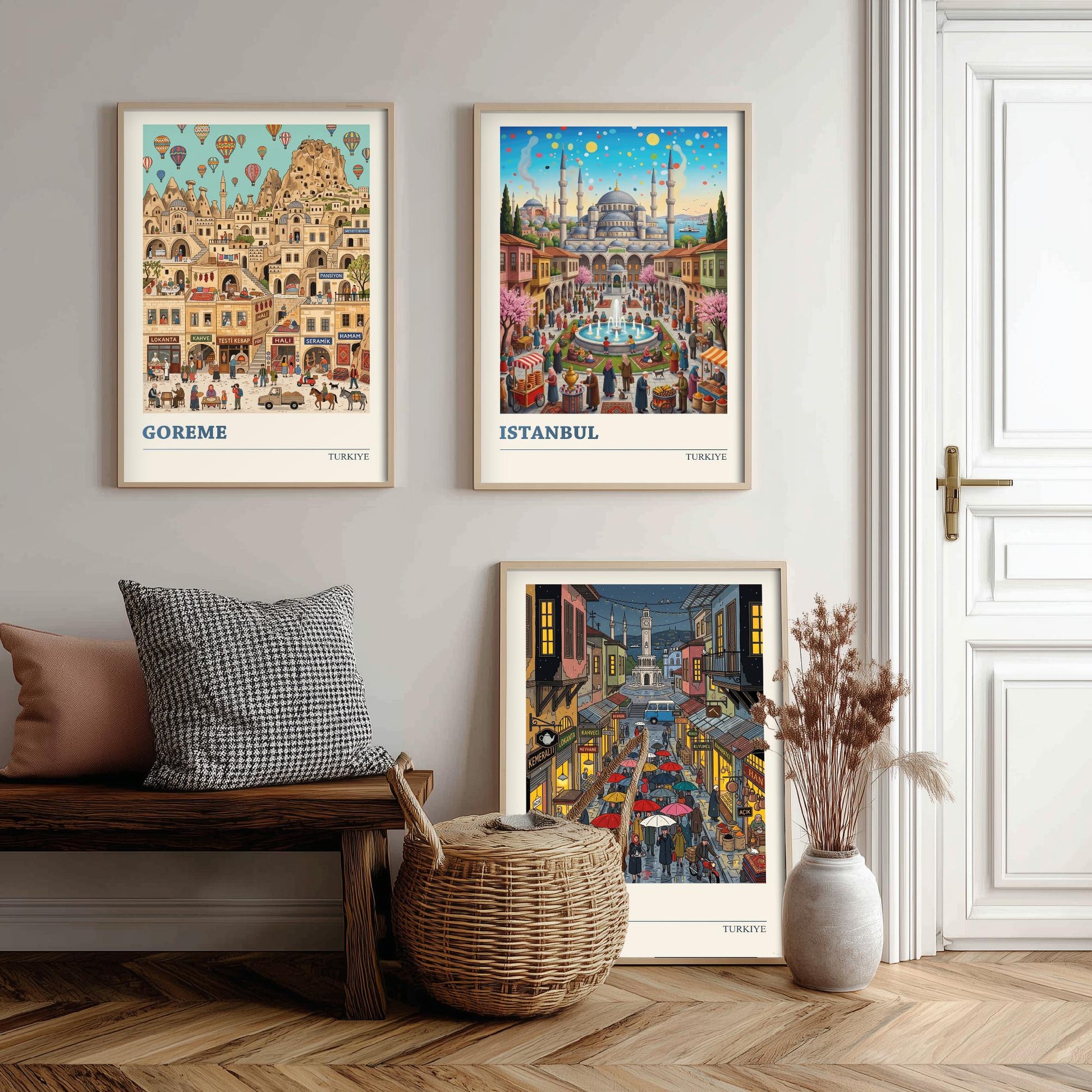 Turkiye Set of Three Art Prints - Goreme, Istanbul, Izmir - 3 Colourful Folk Illustration Travel Posters - Turkish Cities Painting