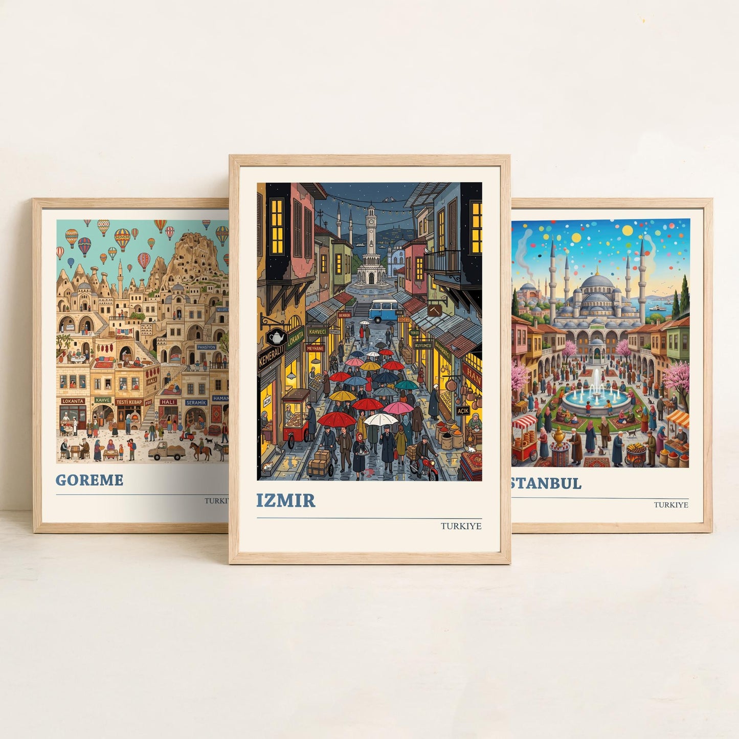 Turkiye Set of Three Art Prints - Goreme, Istanbul, Izmir - 3 Colourful Folk Illustration Travel Posters - Turkish Cities Painting