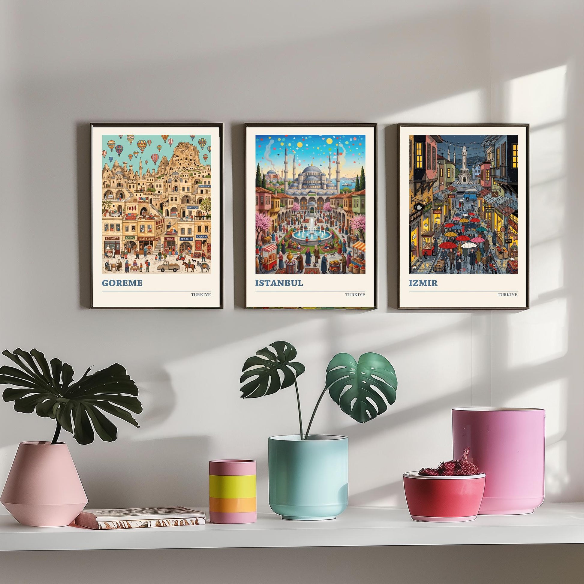Turkiye Set of Three Art Prints - Goreme, Istanbul, Izmir - 3 Colourful Folk Illustration Travel Posters - Turkish Cities Painting