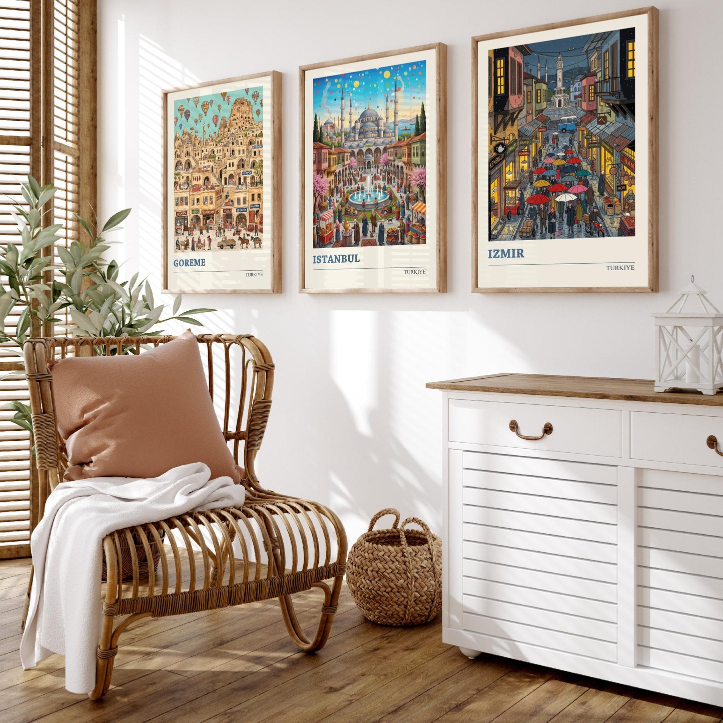 Turkiye Set of Three Art Prints - Goreme, Istanbul, Izmir - 3 Colourful Folk Illustration Travel Posters - Turkish Cities Painting