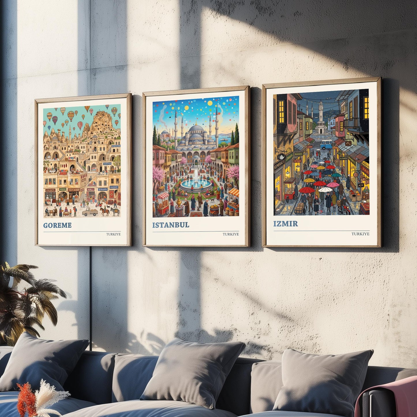 Turkiye Set of Three Art Prints - Goreme, Istanbul, Izmir - 3 Colourful Folk Illustration Travel Posters - Turkish Cities Painting