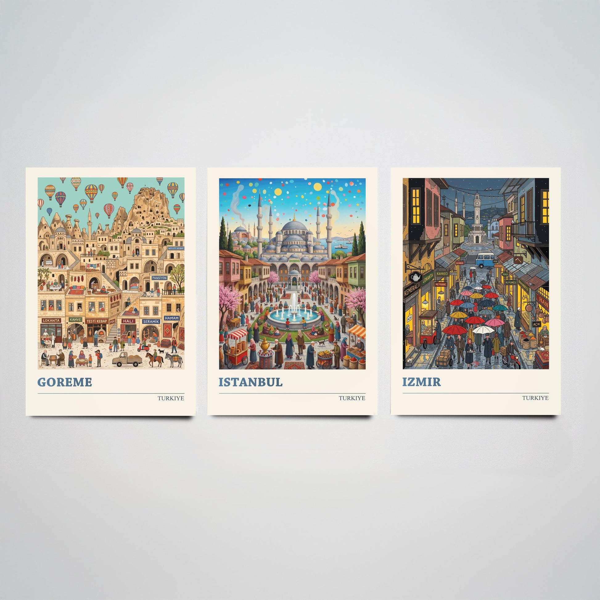 Turkiye Set of Three Art Prints - Goreme, Istanbul, Izmir - 3 Colourful Folk Illustration Travel Posters - Turkish Cities Painting