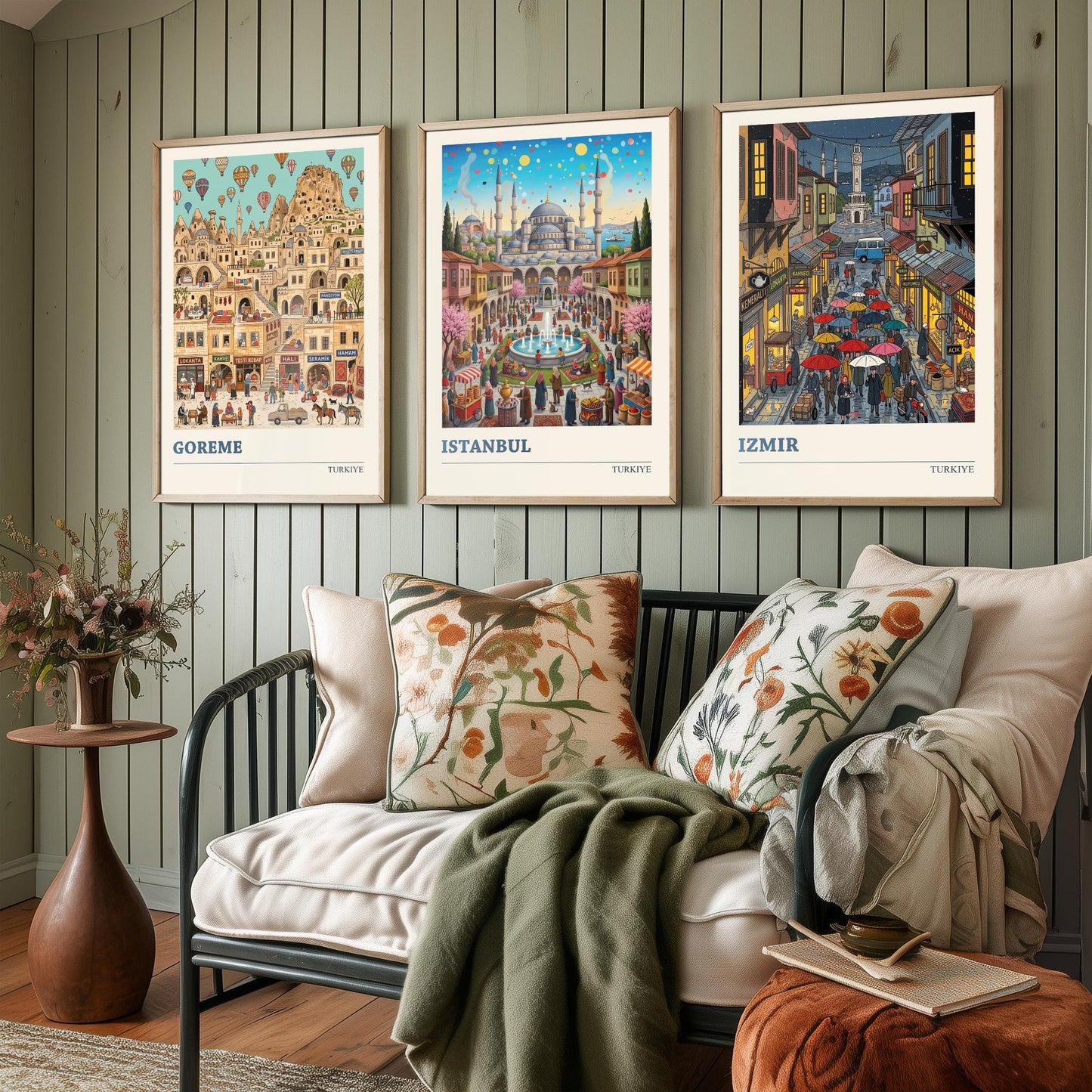 Turkiye Set of Three Art Prints - Goreme, Istanbul, Izmir - 3 Colourful Folk Illustration Travel Posters - Turkish Cities Painting