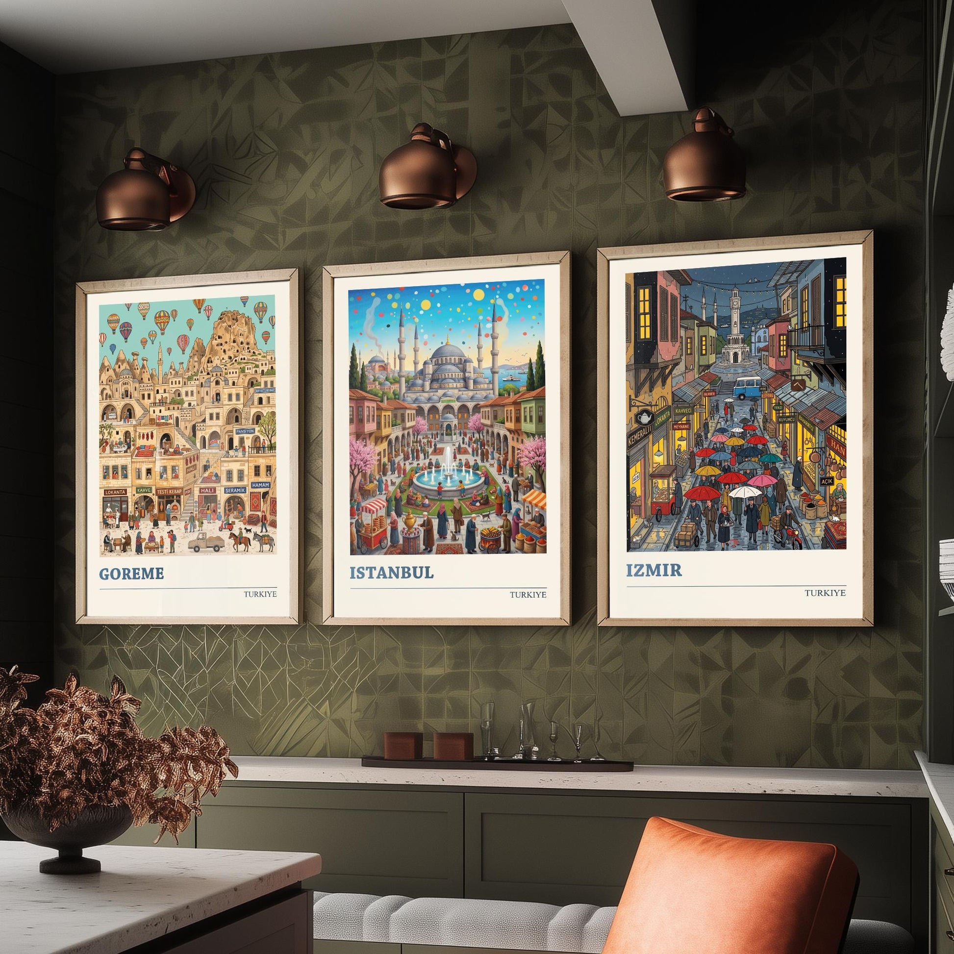 Turkiye Set of Three Art Prints - Goreme, Istanbul, Izmir - 3 Colourful Folk Illustration Travel Posters - Turkish Cities Painting