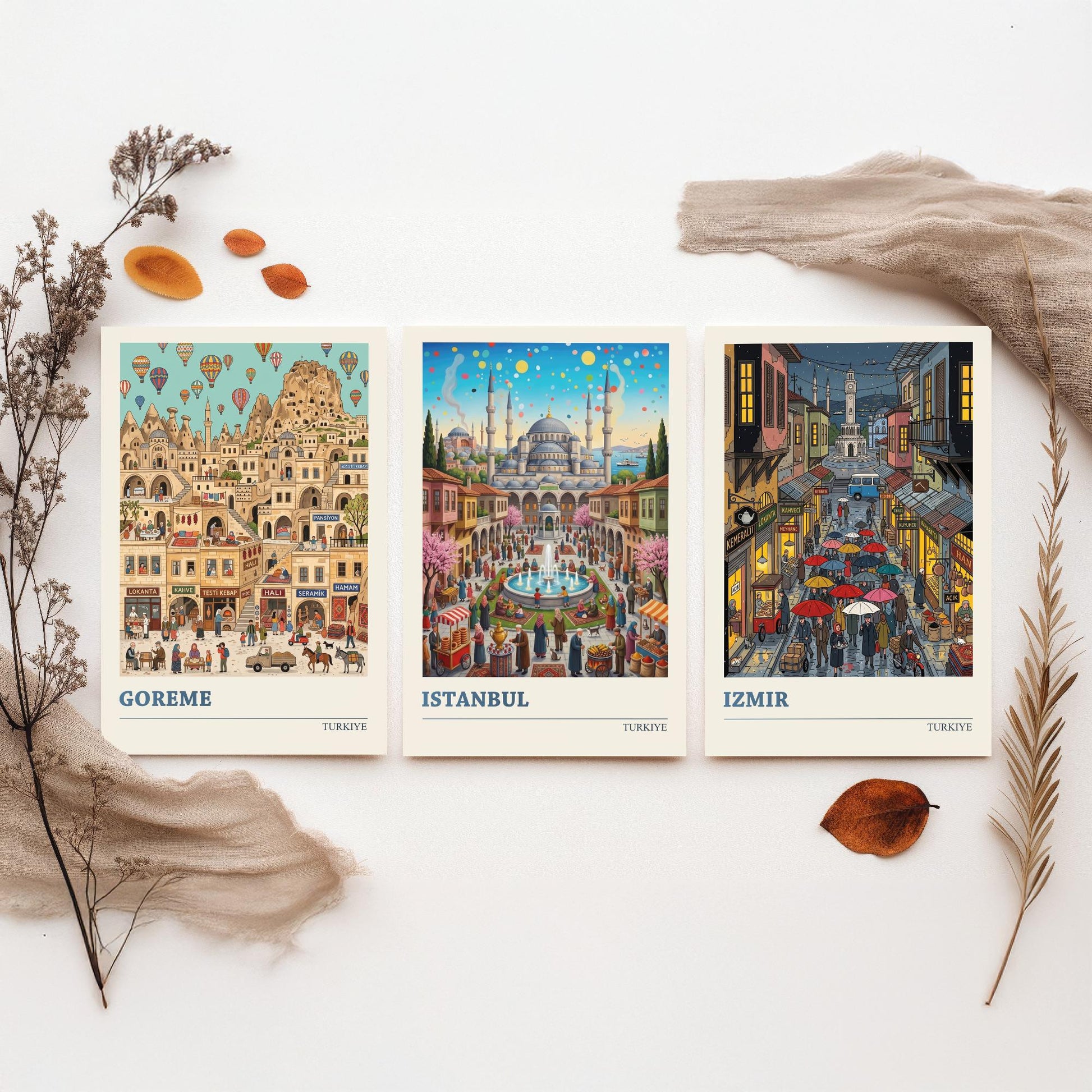 Turkiye Set of Three Art Prints - Goreme, Istanbul, Izmir - 3 Colourful Folk Illustration Travel Posters - Turkish Cities Painting