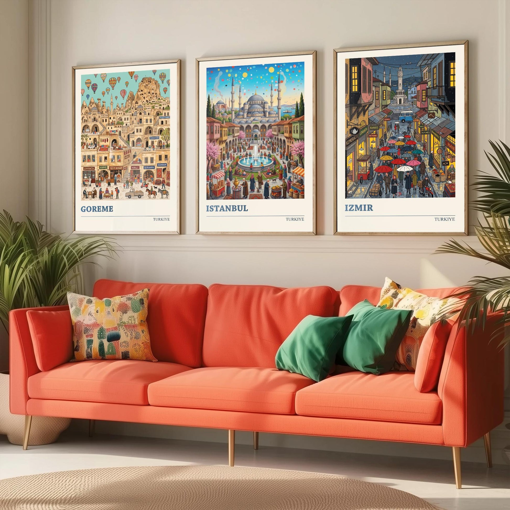 Turkiye Set of Three Art Prints - Goreme, Istanbul, Izmir - 3 Colourful Folk Illustration Travel Posters - Turkish Cities Painting